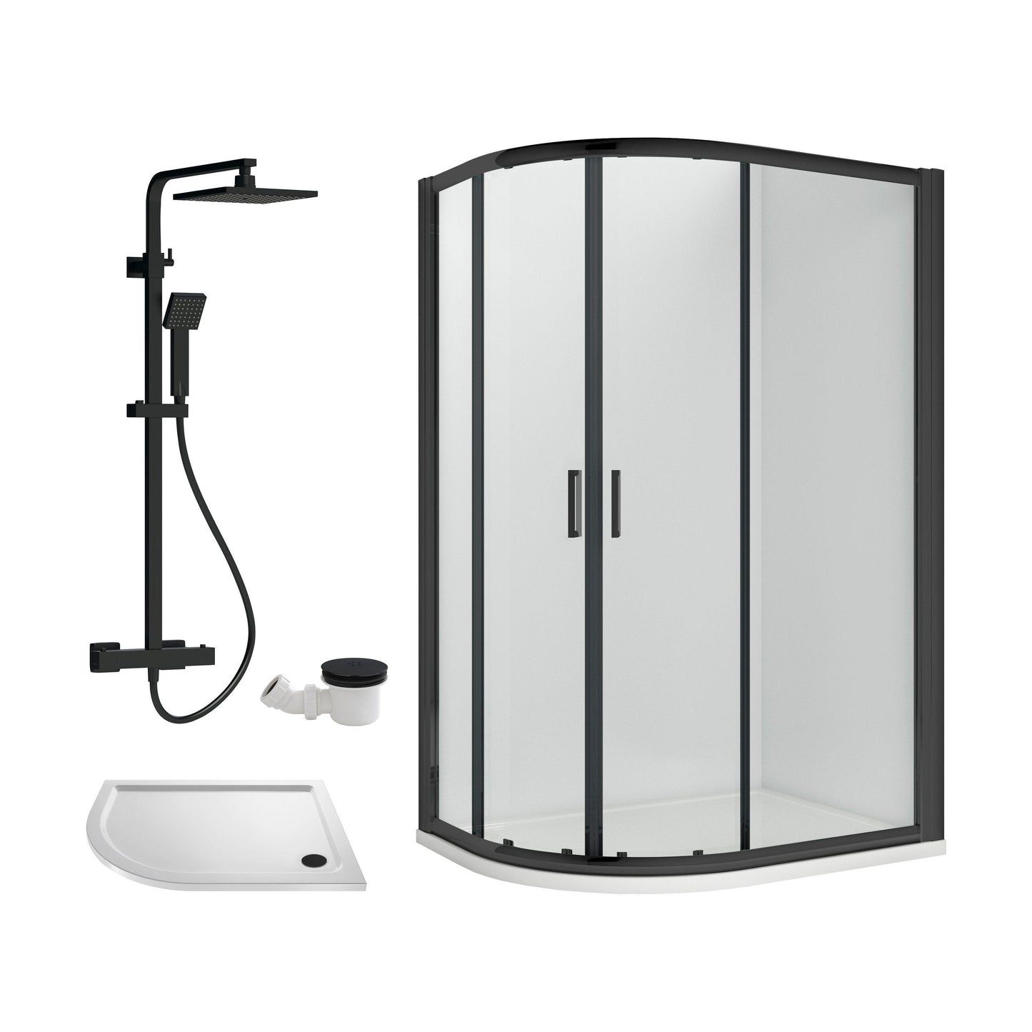 [BEZRU029] Balterley Ruwa Quadrant Offset Left Bundle: Tray, Square Kit & Waste, 1000 x 800 mm White/Black - Cutout