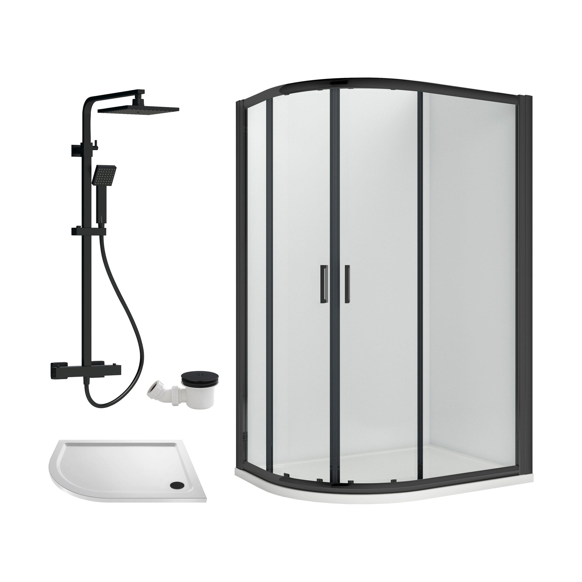 [BEZRU029] Balterley Ruwa Quadrant Offset Left Bundle: Tray, Square Kit & Waste, 1000 x 800 mm White/Black - Cutout