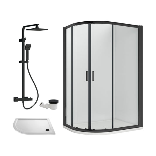 [BEZRU029] Balterley Ruwa Quadrant Offset Left Bundle: Tray, Square Kit & Waste, 1000 x 800 mm White/Black - Cutout