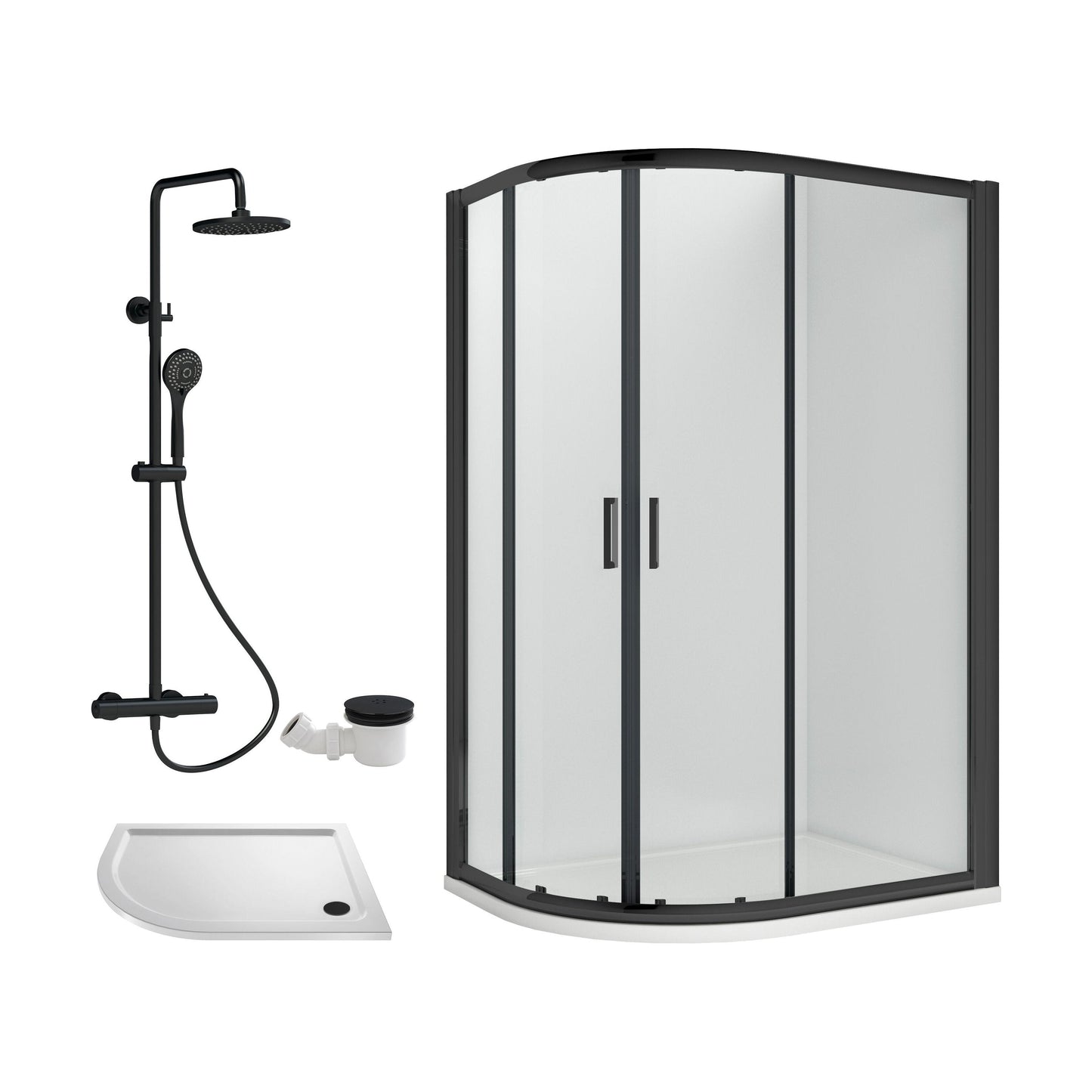 [BEZRU030] Balterley Ruwa Quadrant Offset Left Bundle: Tray, Round Kit & Waste, 1000 x 800 mm White/Black - Cutout