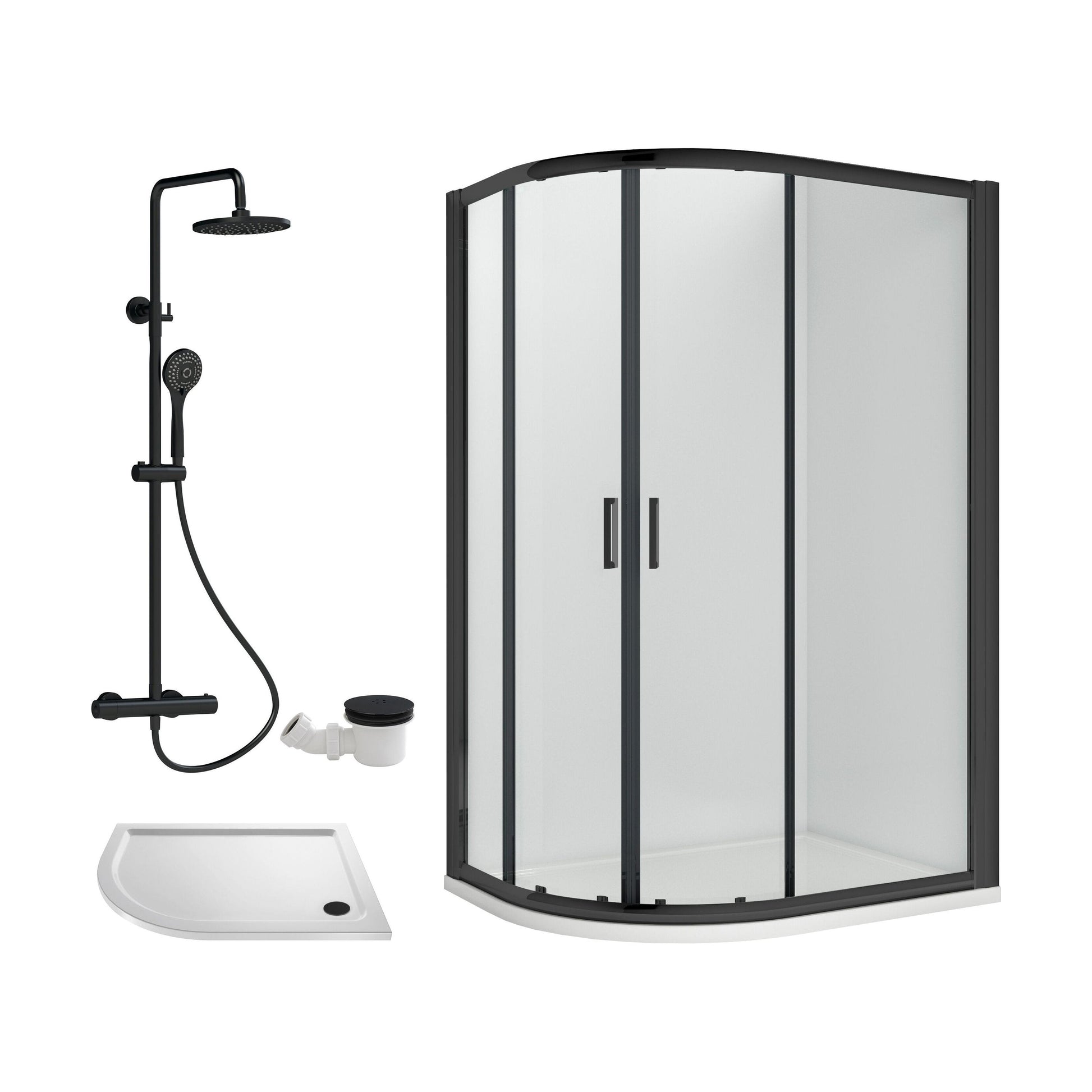 [BEZRU030] Balterley Ruwa Quadrant Offset Left Bundle: Tray, Round Kit & Waste, 1000 x 800 mm White/Black - Cutout
