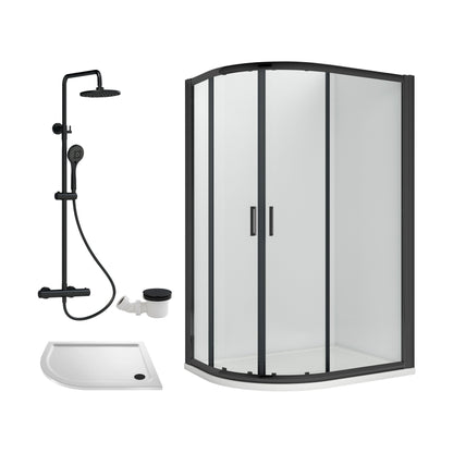 [BEZRU030] Balterley Ruwa Quadrant Offset Left Bundle: Tray, Round Kit & Waste, 1000 x 800 mm White/Black - Cutout