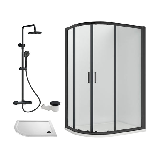[BEZRU030] Balterley Ruwa Quadrant Offset Left Bundle: Tray, Round Kit & Waste, 1000 x 800 mm White/Black - Cutout