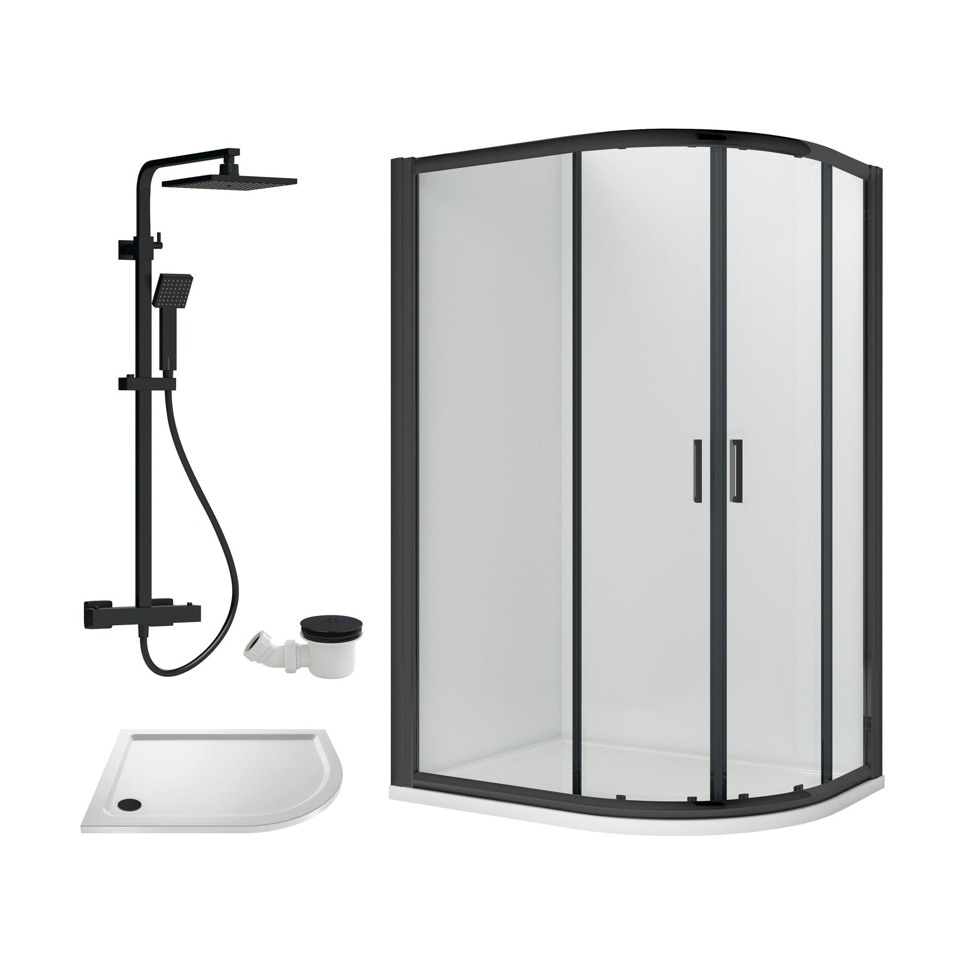 [BEZRU031] Balterley Ruwa Quadrant Offset Right Bundle: Tray, Square Kit & Waste, 1000 x 800 mm White/Black - Cutout