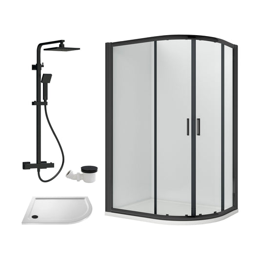 [BEZRU031] Balterley Ruwa Quadrant Offset Right Bundle: Tray, Square Kit & Waste, 1000 x 800 mm White/Black - Cutout