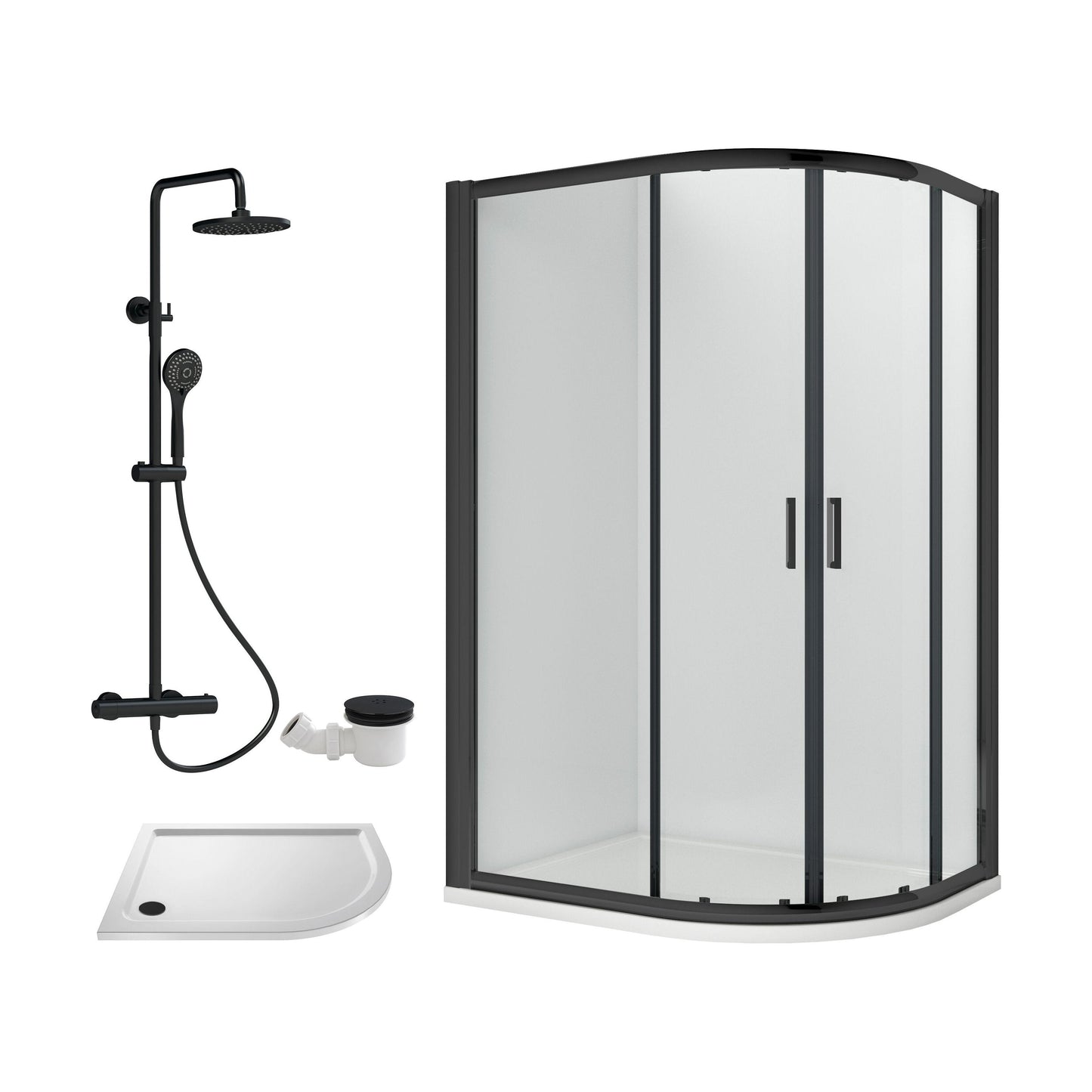 [BEZRU032] Balterley Ruwa Quadrant Offset Right Bundle: Tray, Round Kit & Waste, 1000 x 800 mm White/Black - Cutout