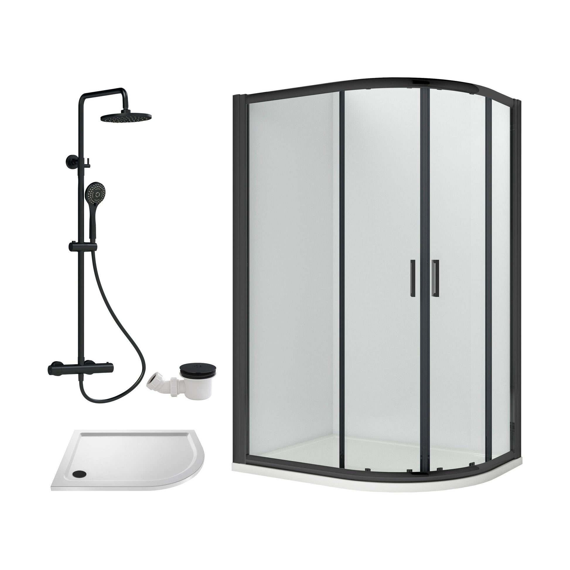 [BEZRU032] Balterley Ruwa Quadrant Offset Right Bundle: Tray, Round Kit & Waste, 1000 x 800 mm White/Black - Cutout
