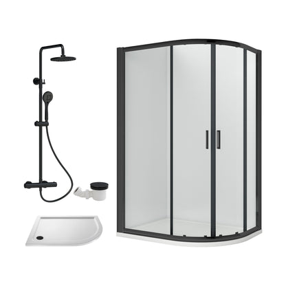 [BEZRU032] Balterley Ruwa Quadrant Offset Right Bundle: Tray, Round Kit & Waste, 1000 x 800 mm White/Black - Cutout