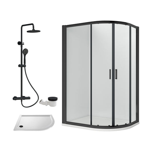 [BEZRU032] Balterley Ruwa Quadrant Offset Right Bundle: Tray, Round Kit & Waste, 1000 x 800 mm White/Black - Cutout