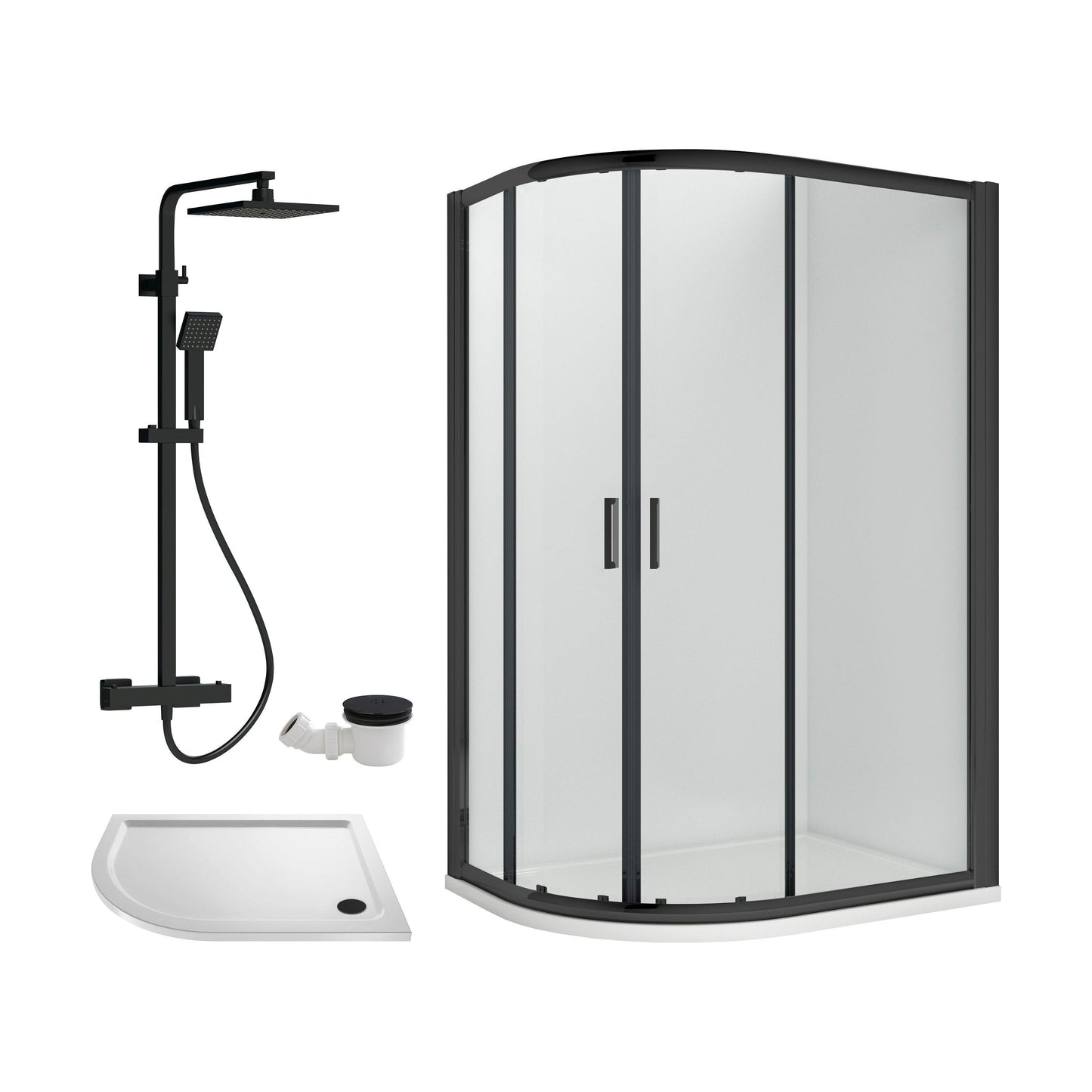 [BEZRU033] Balterley Ruwa Quadrant Offset Right Bundle: Tray, Round Kit & Waste, 1000 x 800 mm White/Black - Cutout