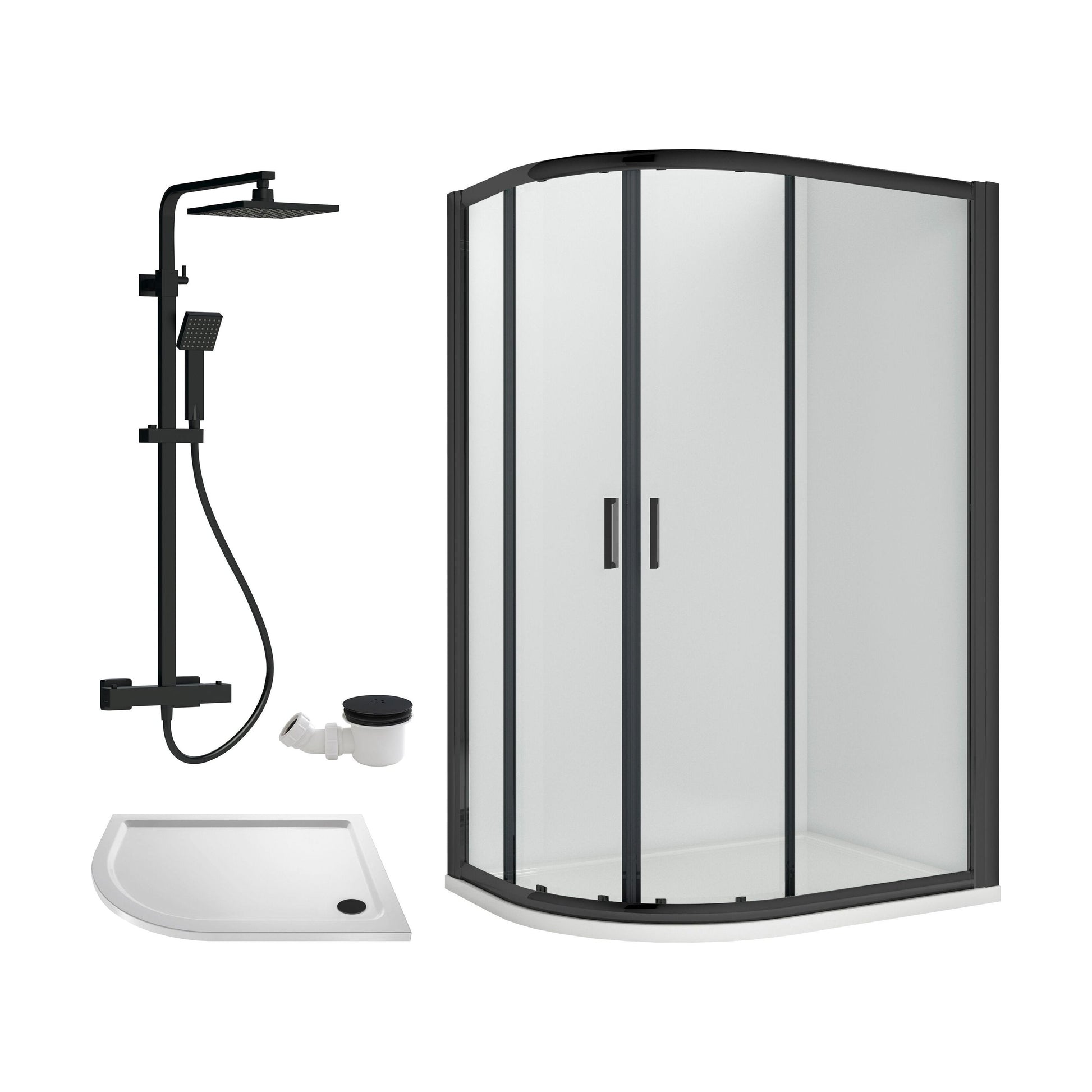 [BEZRU033] Balterley Ruwa Quadrant Offset Right Bundle: Tray, Round Kit & Waste, 1000 x 800 mm White/Black - Cutout