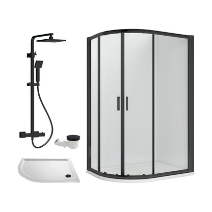 [BEZRU033] Balterley Ruwa Quadrant Offset Right Bundle: Tray, Round Kit & Waste, 1000 x 800 mm White/Black - Cutout