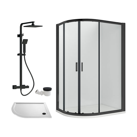 [BEZRU033] Balterley Ruwa Quadrant Offset Right Bundle: Tray, Round Kit & Waste, 1000 x 800 mm White/Black - Cutout