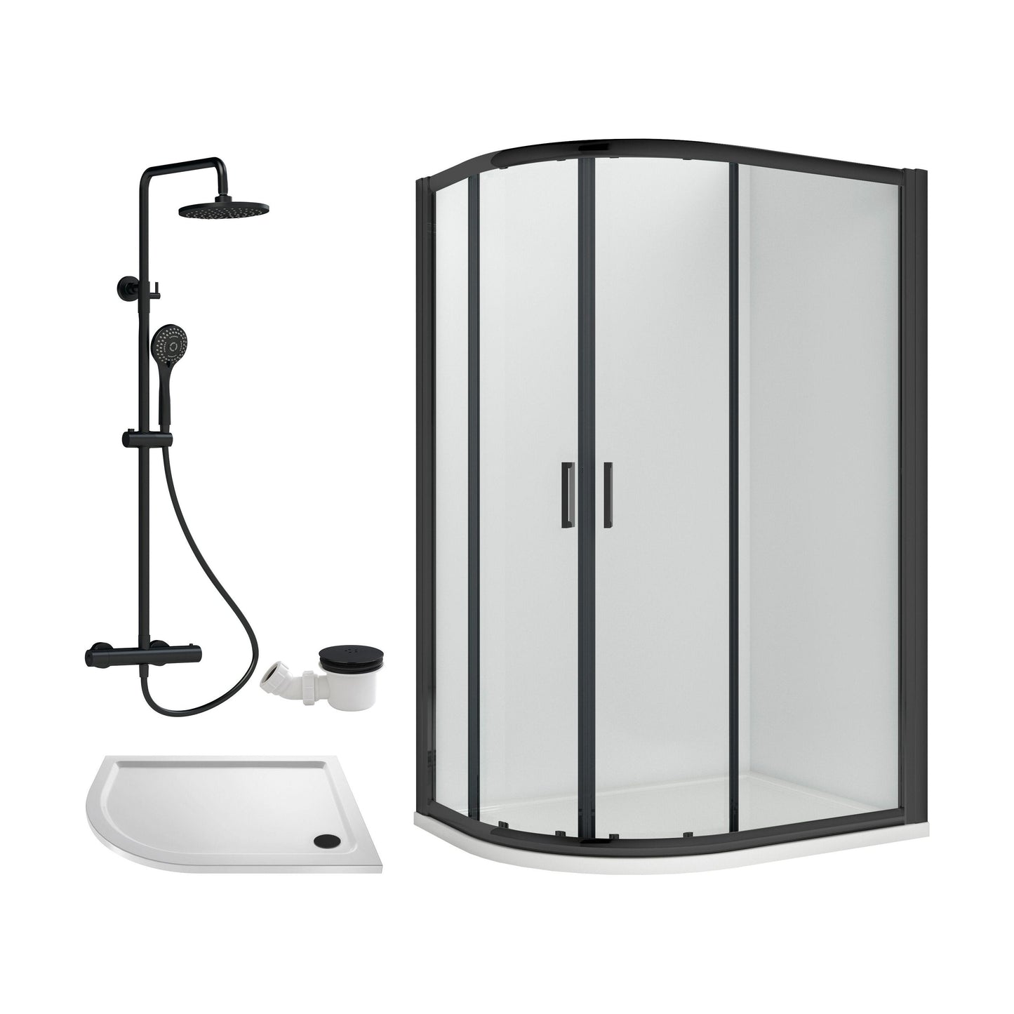 [BEZRU034] Balterley Ruwa Quadrant Offset Left Bundle: Tray, Round Kit & Waste, 1000 x 800 mm White/Black - Cutout