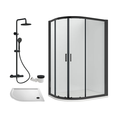 [BEZRU034] Balterley Ruwa Quadrant Offset Left Bundle: Tray, Round Kit & Waste, 1000 x 800 mm White/Black - Cutout