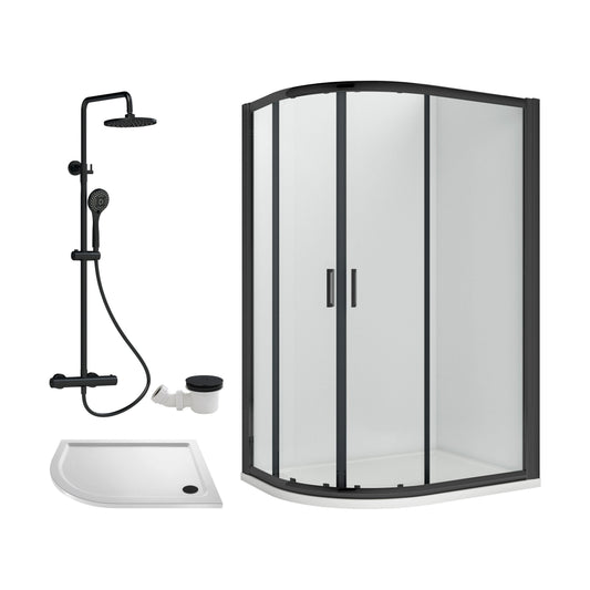 [BEZRU034] Balterley Ruwa Quadrant Offset Left Bundle: Tray, Round Kit & Waste, 1000 x 800 mm White/Black - Cutout