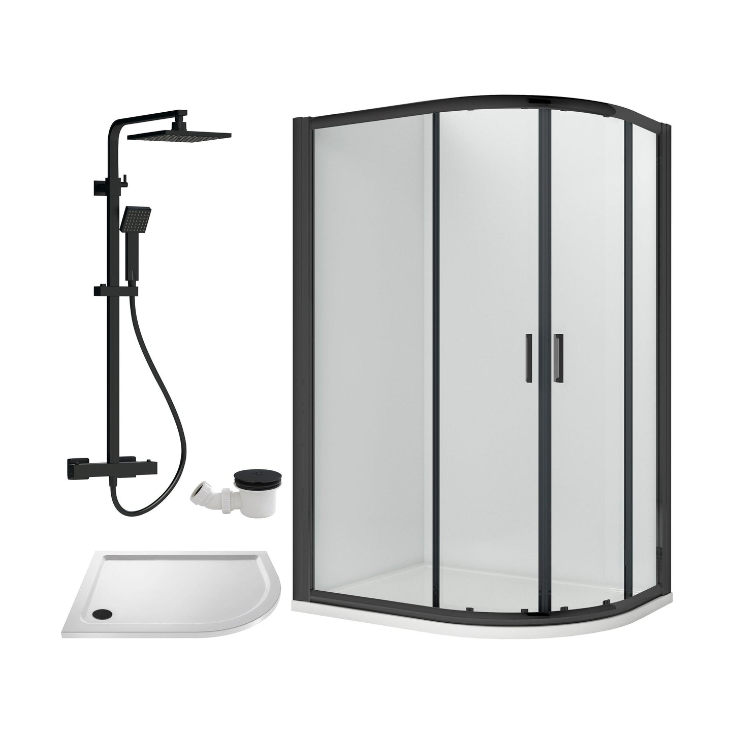 [BEZRU035] Balterley Ruwa Quadrant Offset Right Bundle: Tray, Square Kit & Waste, 1200 x 800 mm White/Black - Cutout