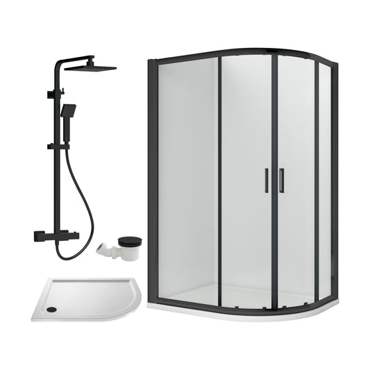 [BEZRU035] Balterley Ruwa Quadrant Offset Right Bundle: Tray, Square Kit & Waste, 1200 x 800 mm White/Black - Cutout