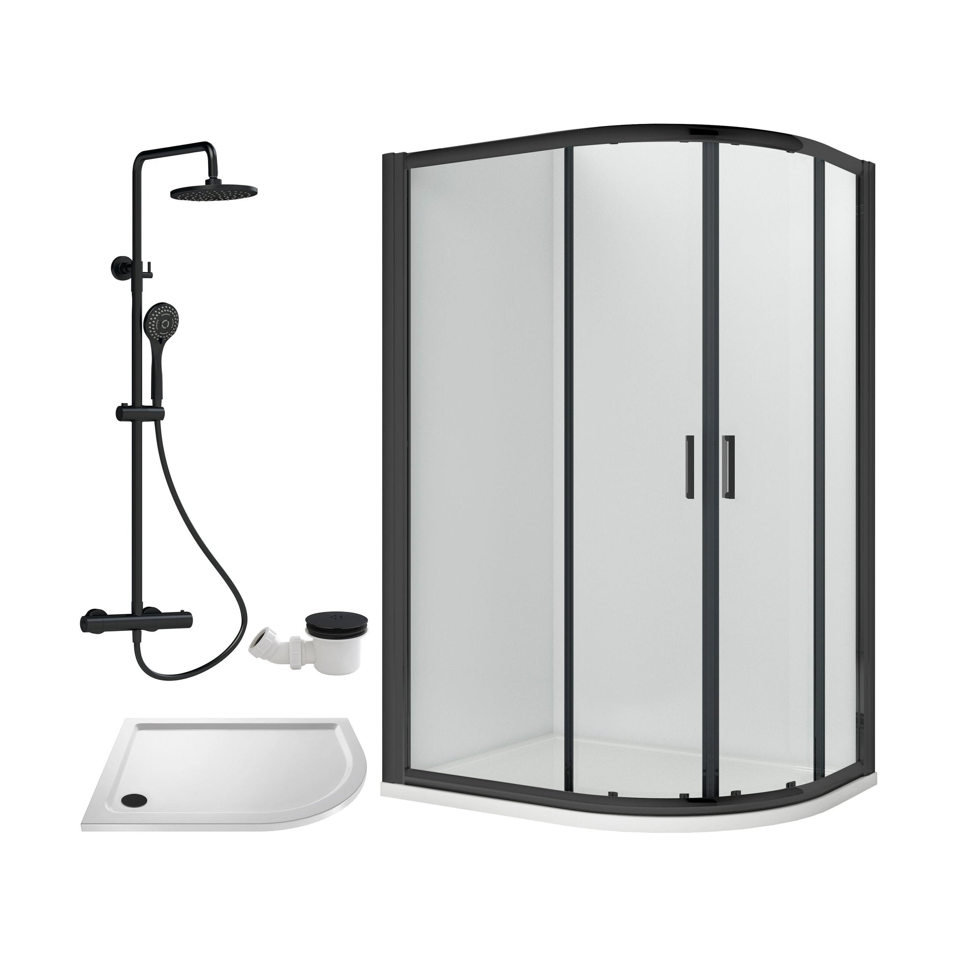 [BEZRU036] Balterley Ruwa Quadrant Offset Right Bundle: Tray, Round Kit & Waste, 1200 x 800 mm White/Black - Cutout