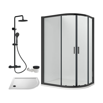 [BEZRU036] Balterley Ruwa Quadrant Offset Right Bundle: Tray, Round Kit & Waste, 1200 x 800 mm White/Black - Cutout