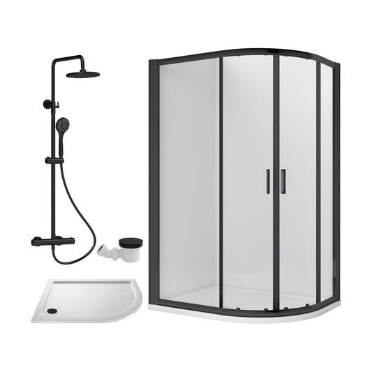[BEZRU036] Balterley Ruwa Quadrant Offset Right Bundle: Tray, Round Kit & Waste, 1200 x 800 mm White/Black - Cutout