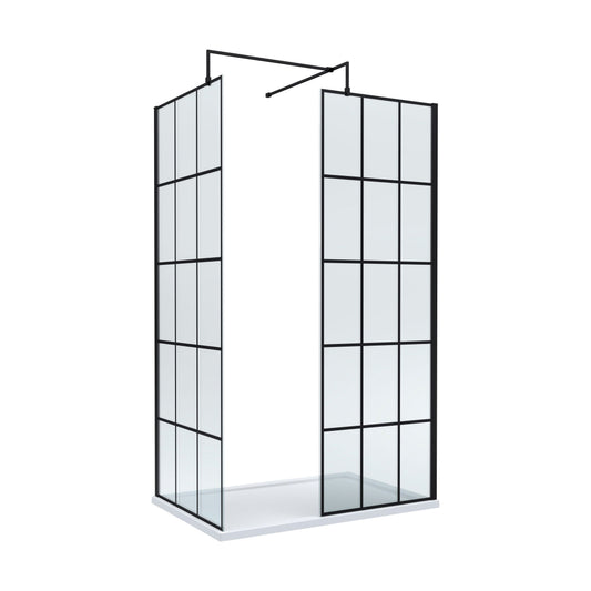 [BEZW004] Contemporary 8mm Glass Walk In Wetroom Screens with Matt Black Framed Design and Shower Tray - Choice of Size - Cutout