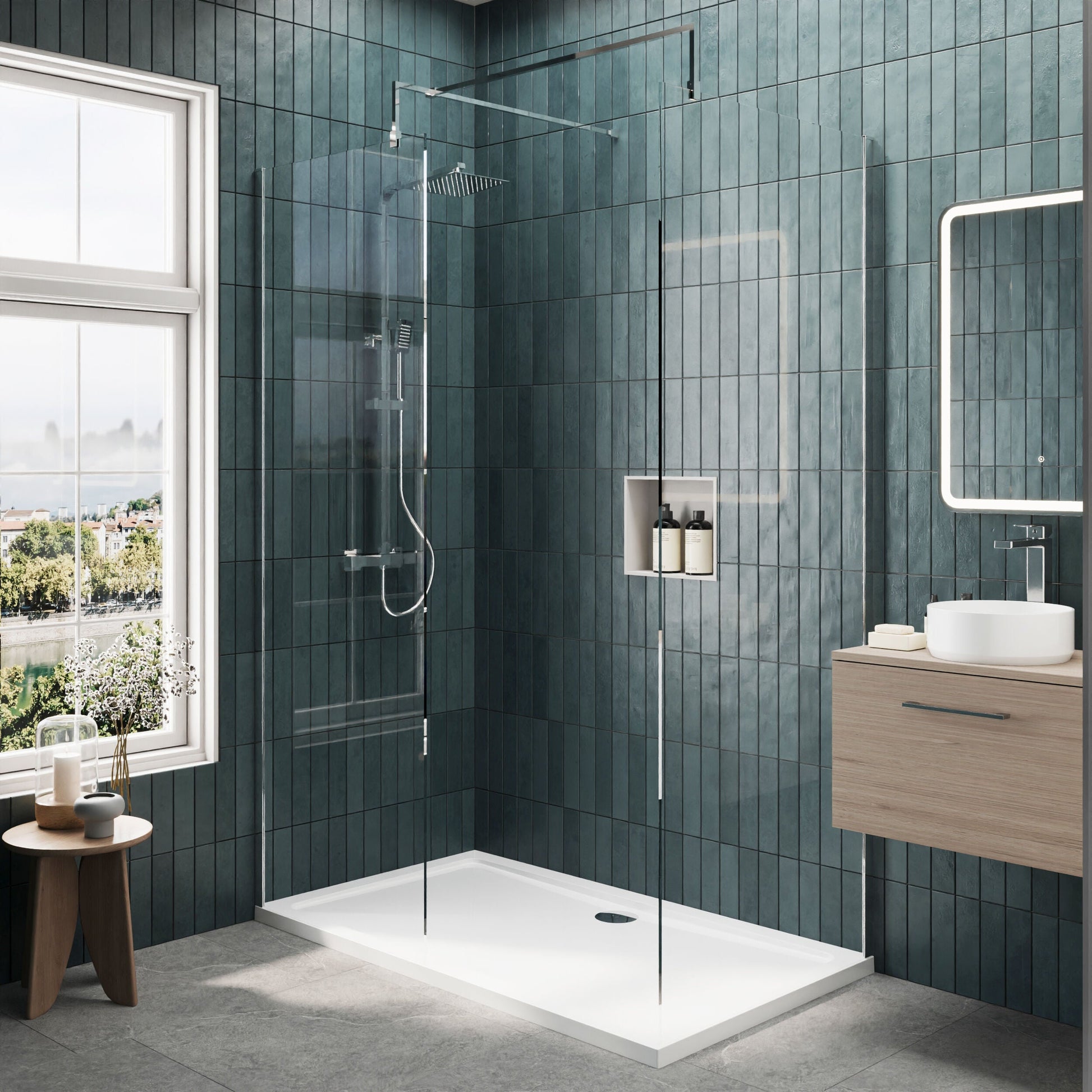 [BEZW005] Contemporary 8mm Glass Walk In Wetroom Screens and Shower Tray - Choice of Size and Finish - Lifestyle 1