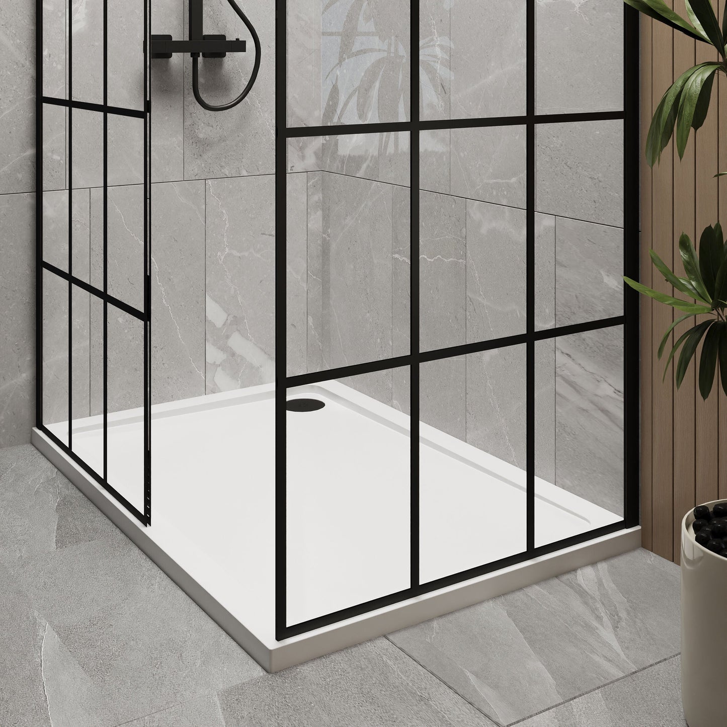 [BEZW008] Contemporary 8mm Glass Walk In Wetroom Screens with Matt Black Framed Design and Shower Tray - Choice of Size - Lifestyle 2