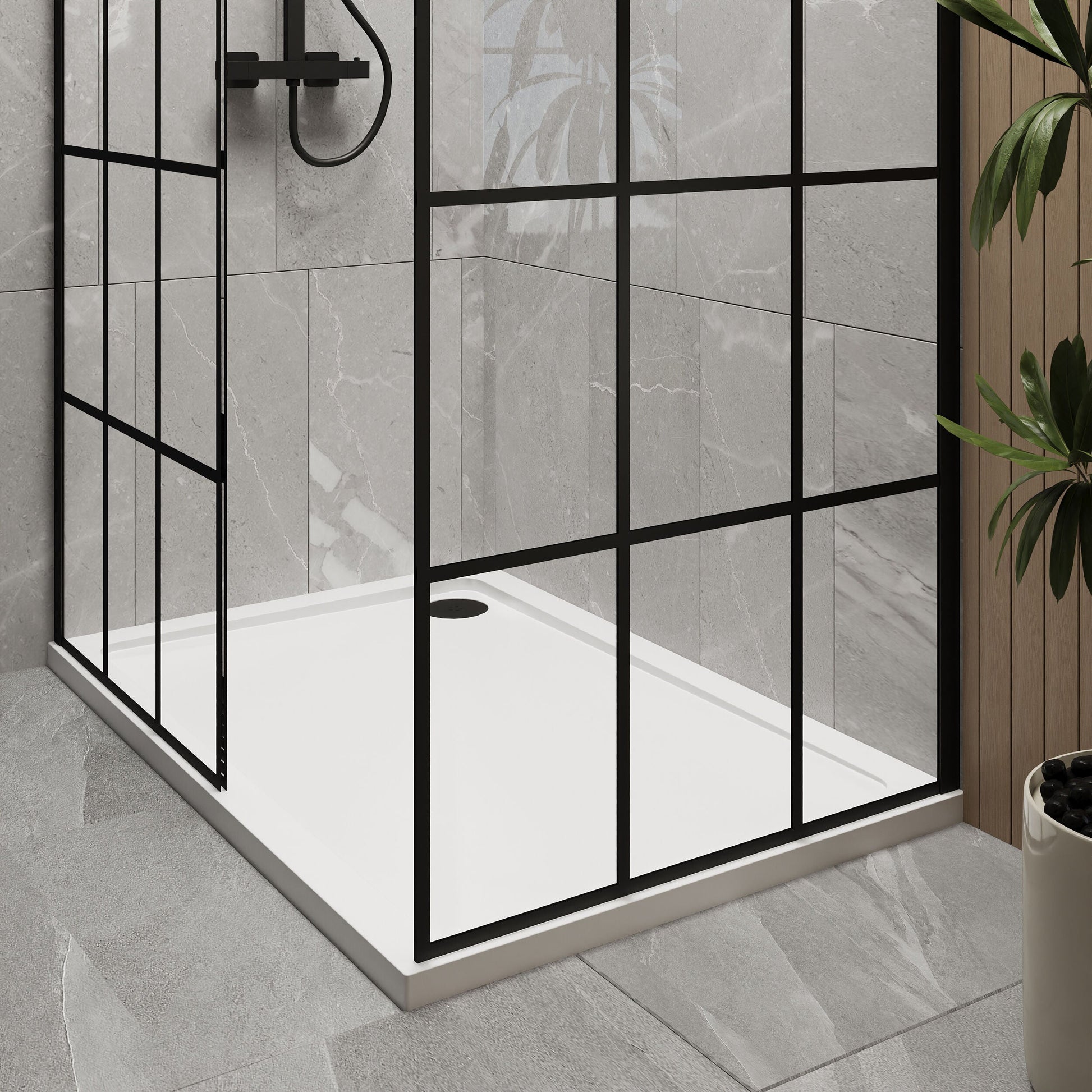 [BEZW008] Contemporary 8mm Glass Walk In Wetroom Screens with Matt Black Framed Design and Shower Tray - Choice of Size - Lifestyle 2