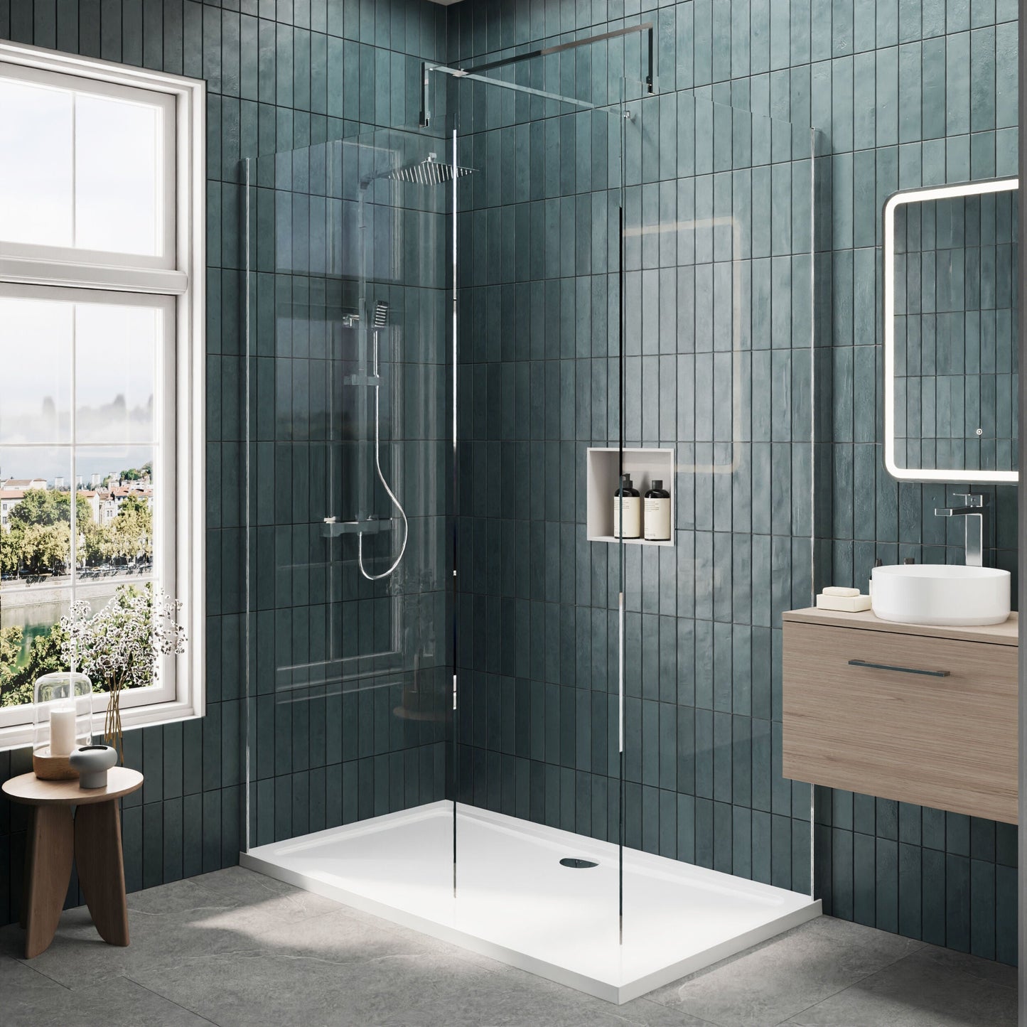 [BEZW013] Contemporary 8mm Glass Walk In Wetroom Screens and Shower Tray - Choice of Size and Finish - Lifestyle 1