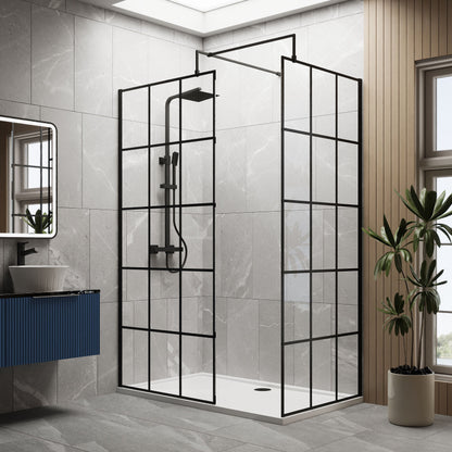 [BEZW016] Contemporary 8mm Glass Walk In Wetroom Screens with Matt Black Framed Design and Shower Tray - Choice of Size - Lifestyle 1