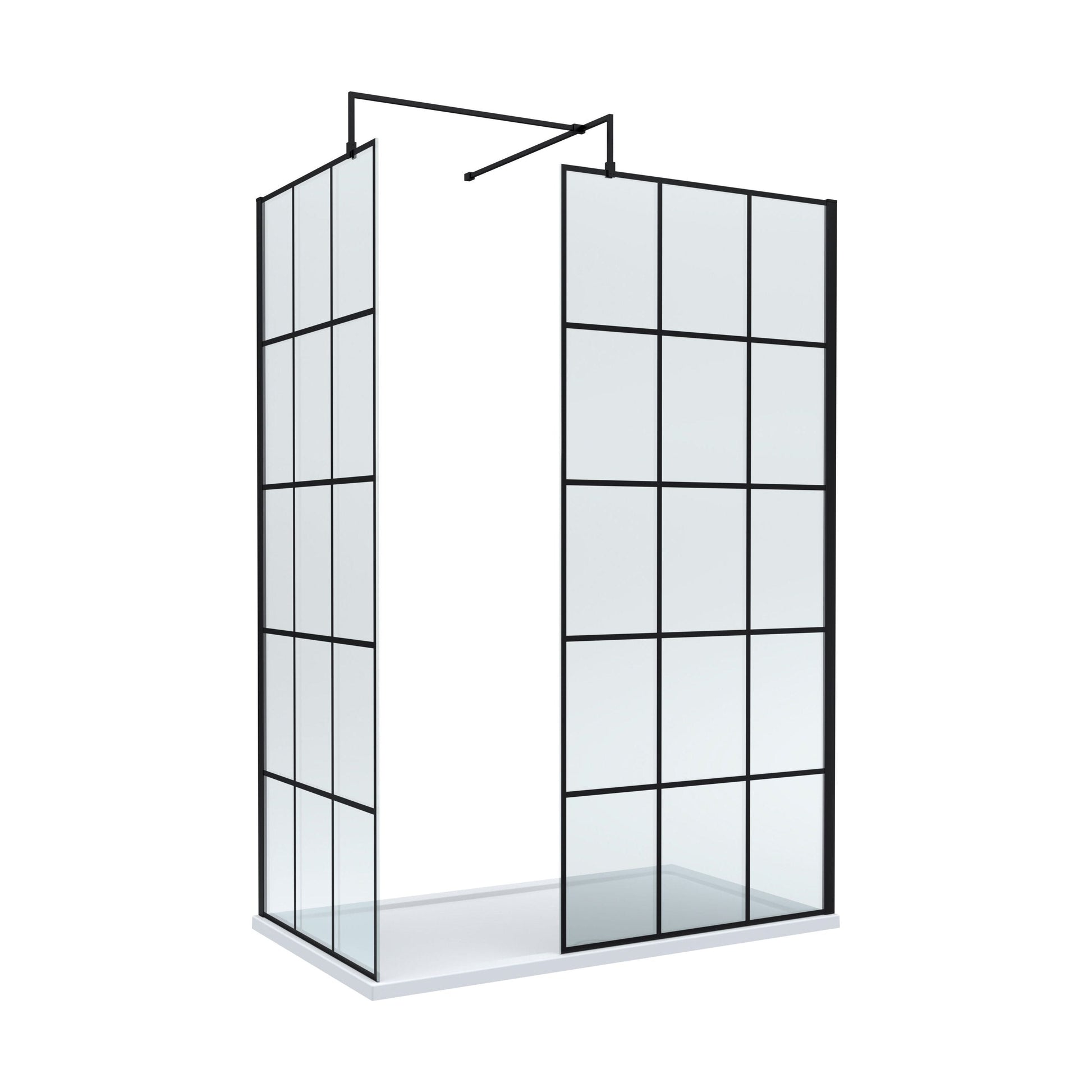 [BEZW020] Contemporary 8mm Glass Walk In Wetroom Screens with Matt Black Framed Design and Shower Tray - Choice of Size - Cutout