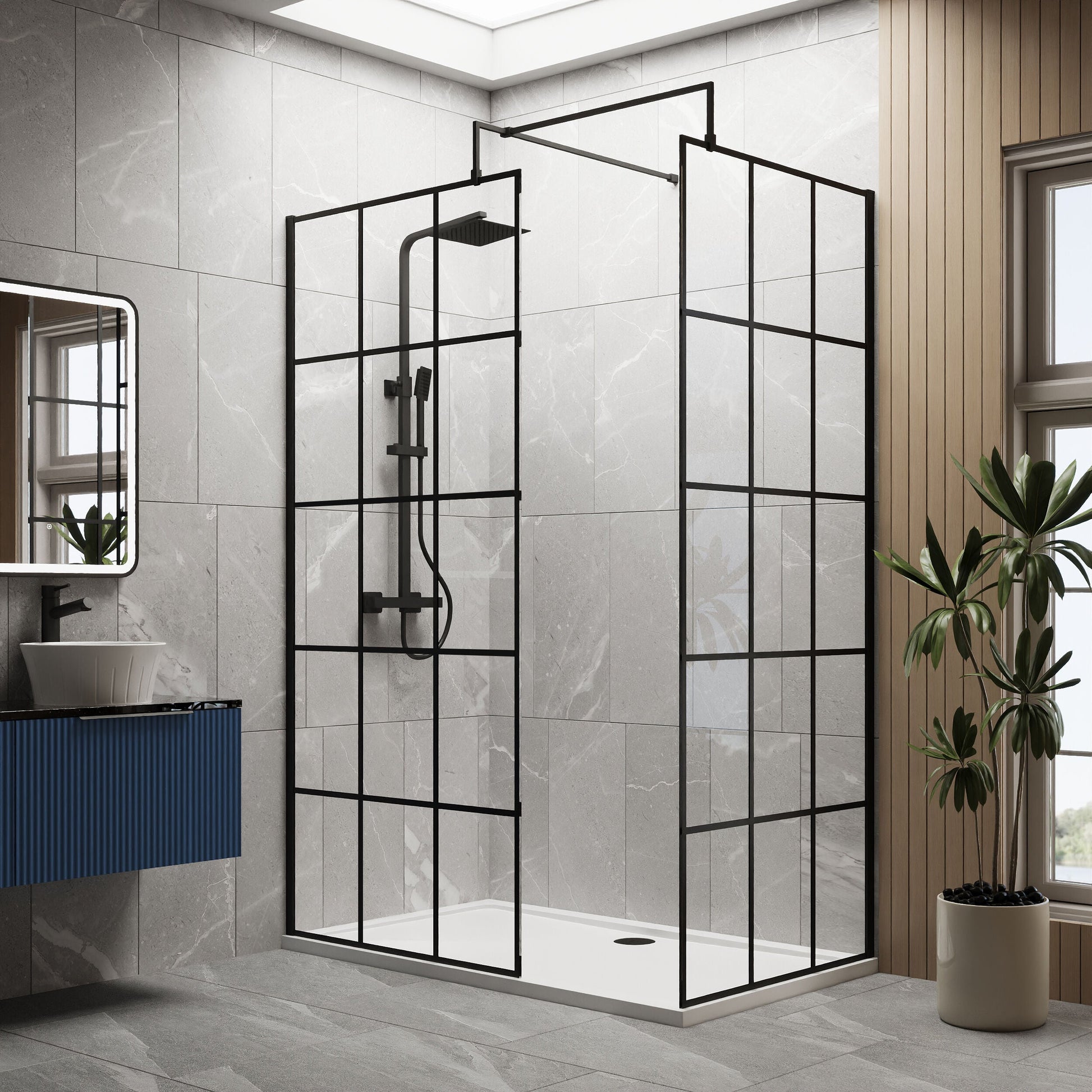 [BEZW020] Contemporary 8mm Glass Walk In Wetroom Screens with Matt Black Framed Design and Shower Tray - Choice of Size - Lifestyle 1