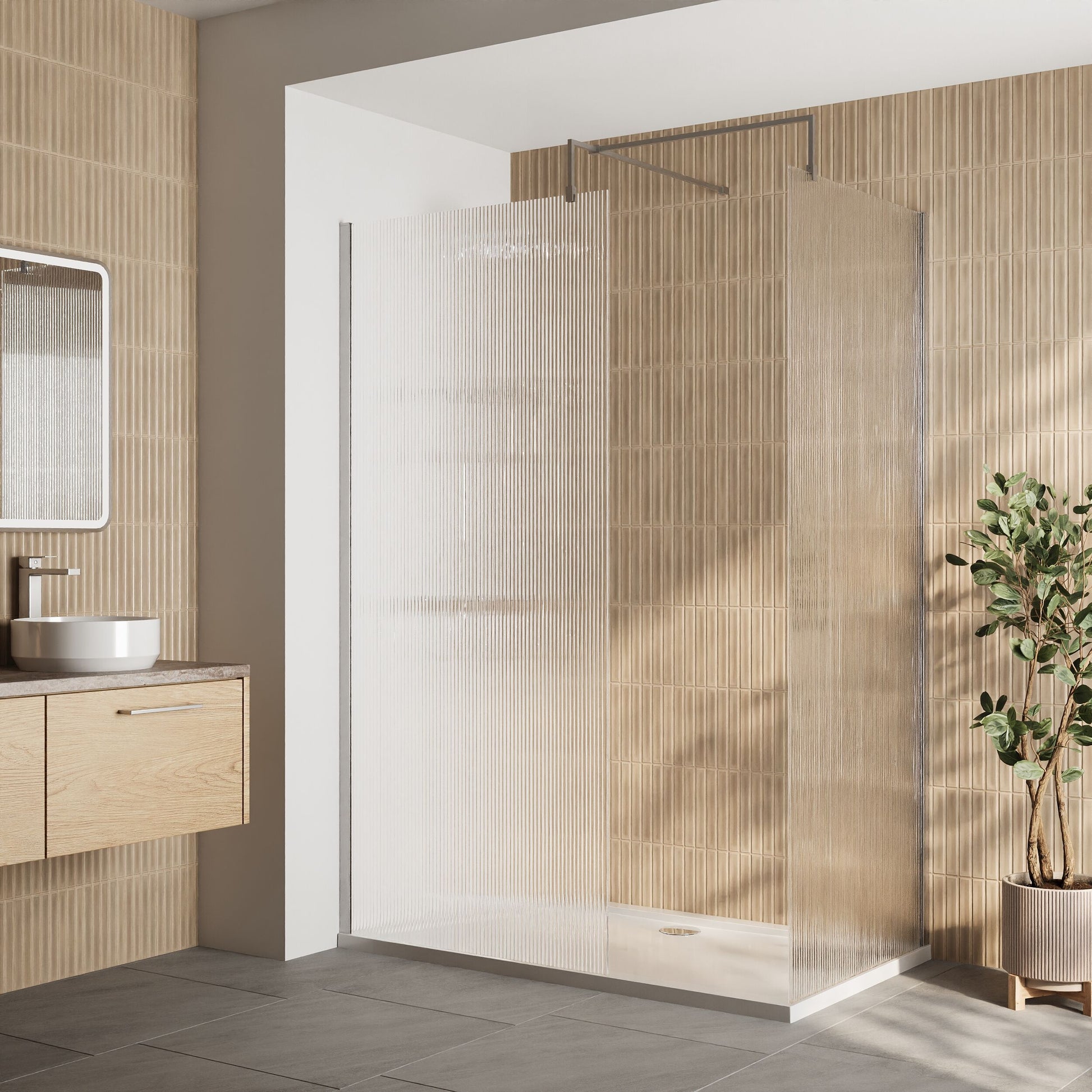 [BEZW028] Contemporary Fluted Glass Walk In Wetroom Screens and Shower Tray - Choice of Finish - Lifestyle 1