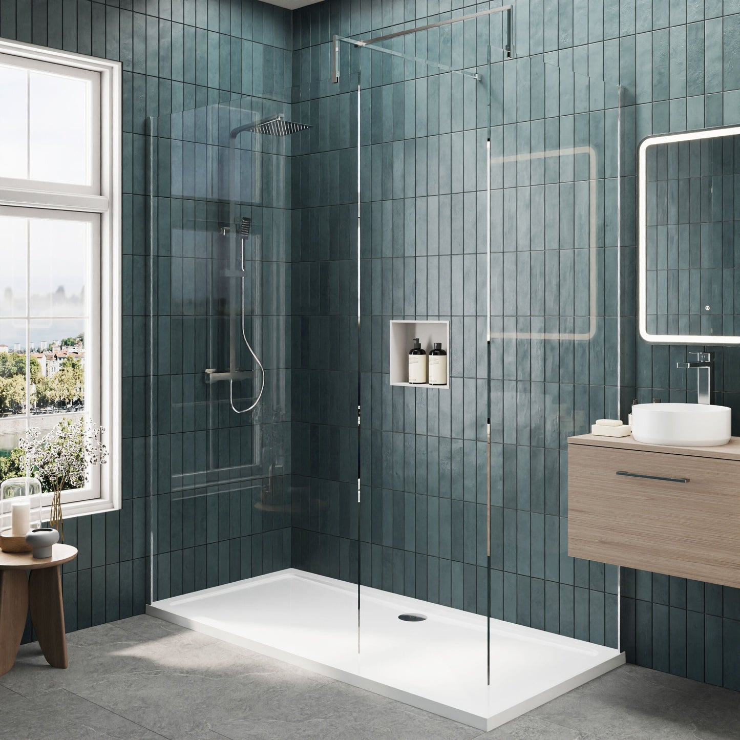[BEZW031] Contemporary 8mm Glass Walk In Wetroom Screens and Shower Tray - Choice of Size and Finish - Lifestyle 1