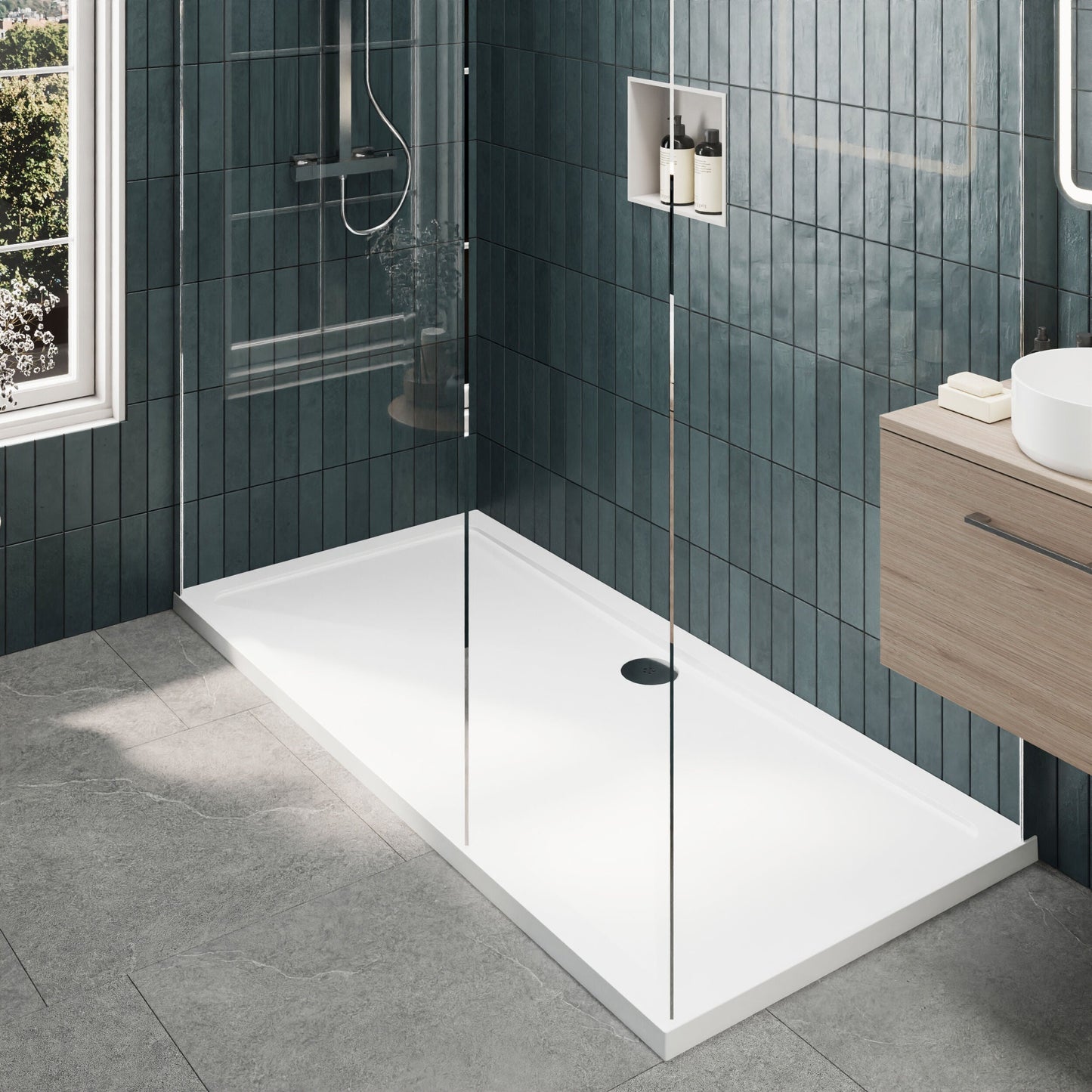 [BEZW035] Contemporary 8mm Glass Walk In Wetroom Screens and Shower Tray - Choice of Size and Finish - Lifestyle 2