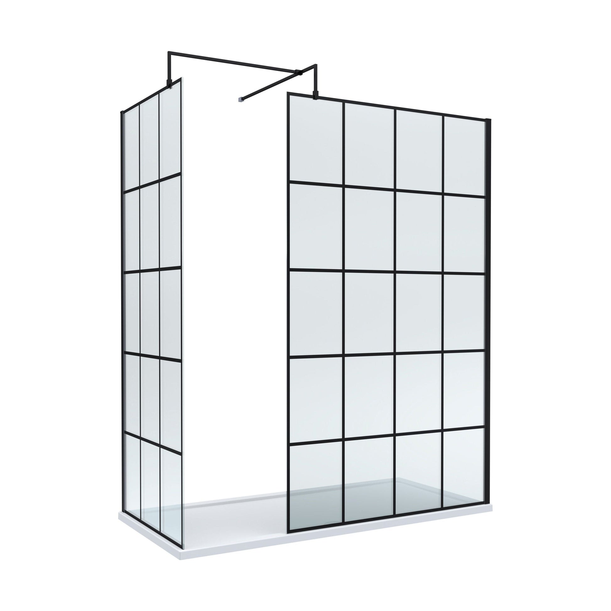 [BEZW038] Contemporary 8mm Glass Walk In Wetroom Screens with Matt Black Framed Design and Shower Tray - Choice of Size - Cutout