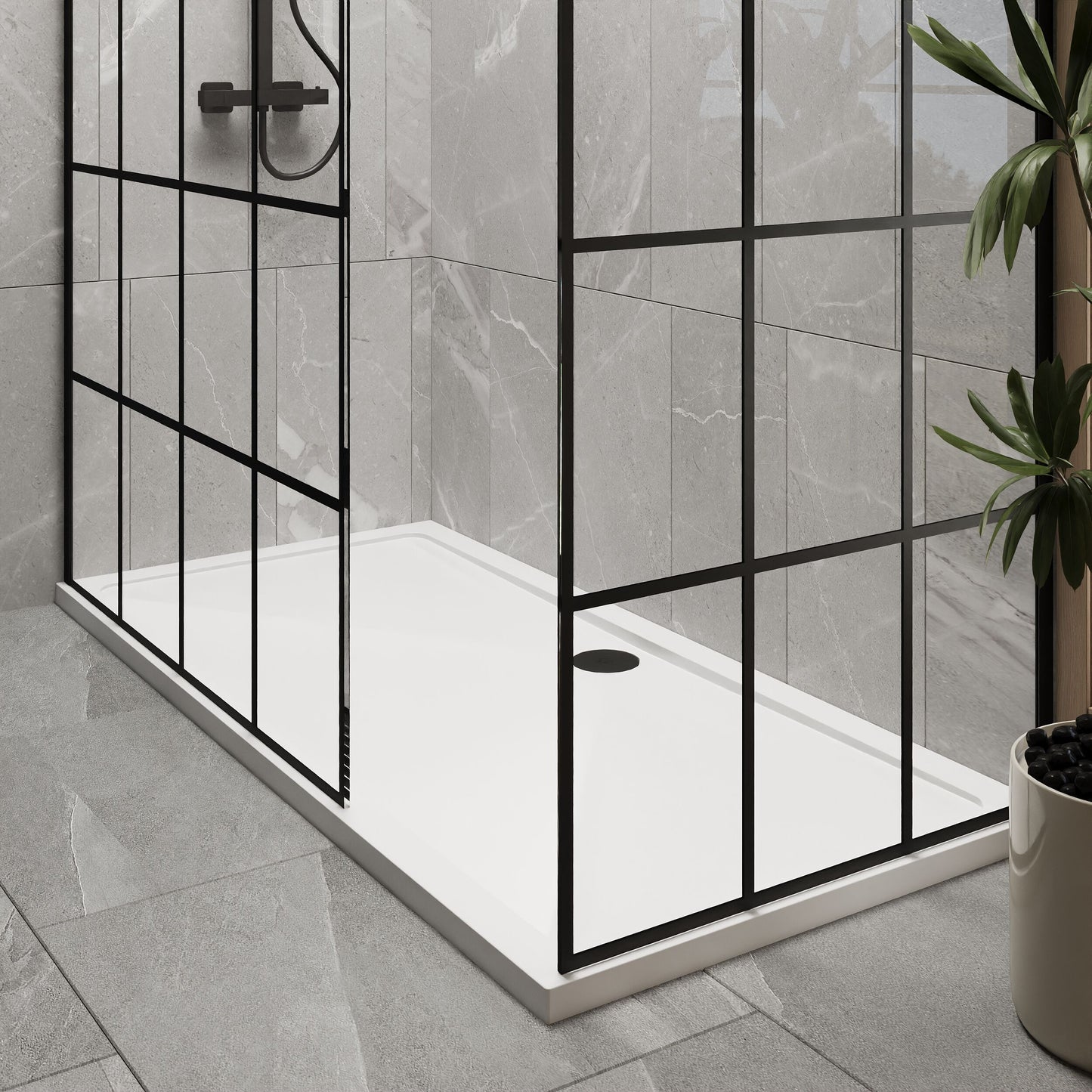 [BEZW038] Contemporary 8mm Glass Walk In Wetroom Screens with Matt Black Framed Design and Shower Tray - Choice of Size - Lifestyle 2