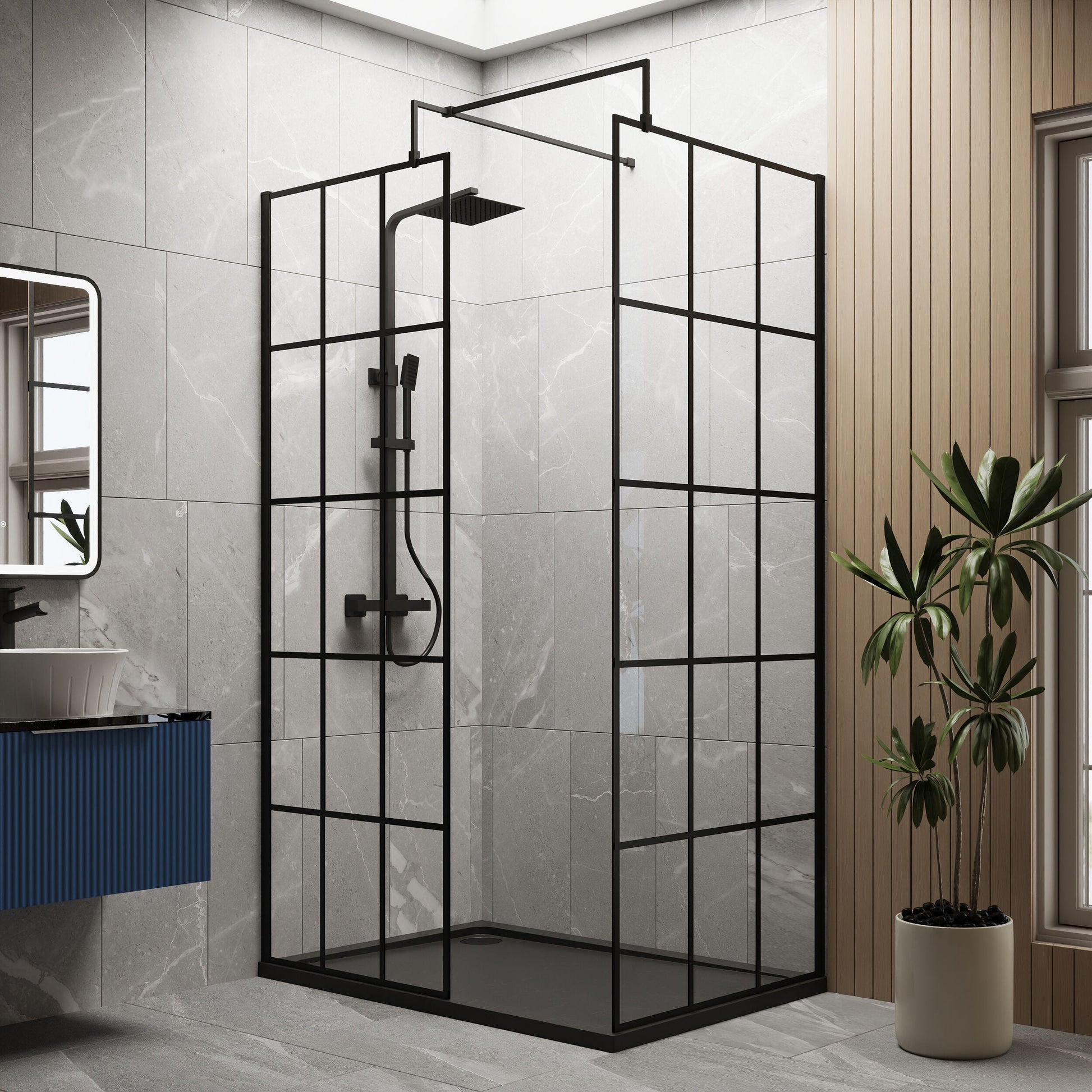 [BEZW050] Contemporary 8mm Glass Walk In Wetroom Screens with Matt Black Framed Design and Shower Tray - Choice of Size - Lifestyle 1
