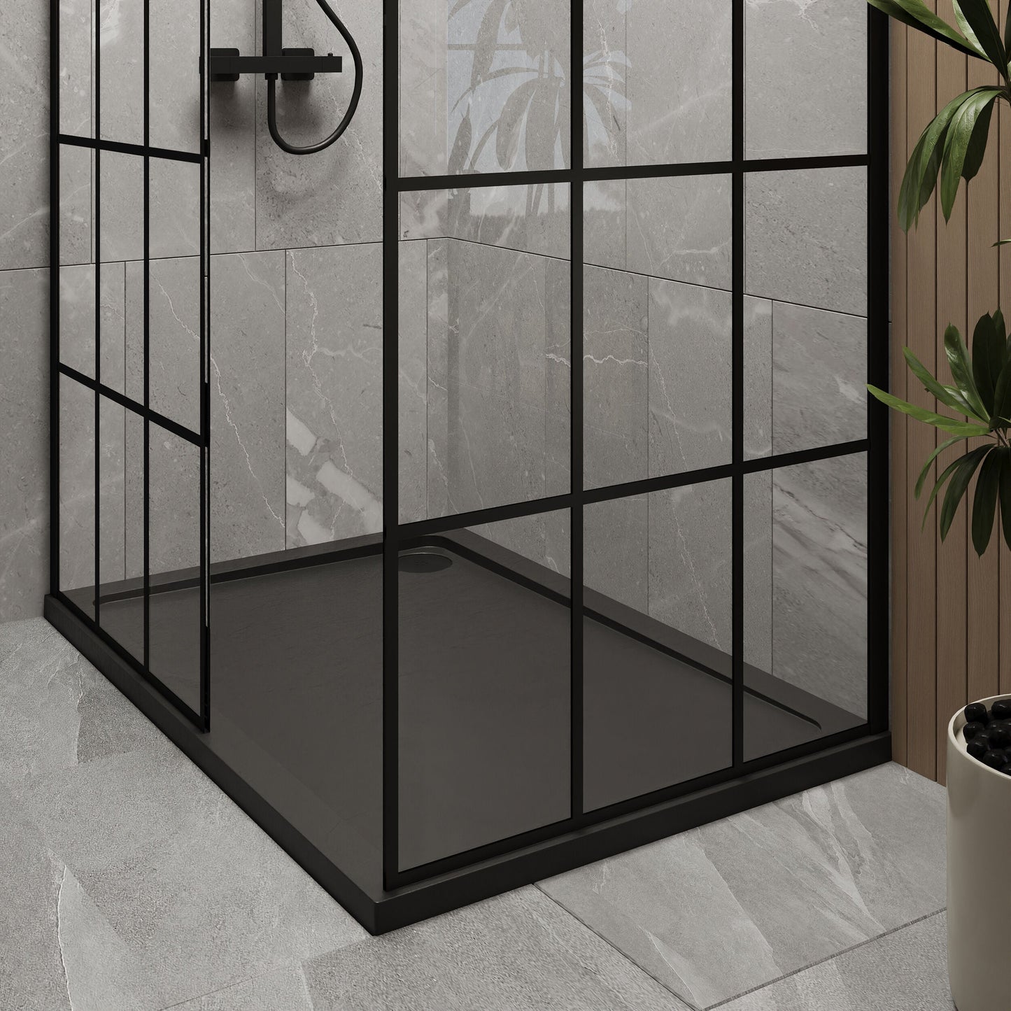[BEZW050] Contemporary 8mm Glass Walk In Wetroom Screens with Matt Black Framed Design and Shower Tray - Choice of Size - Lifestyle 2