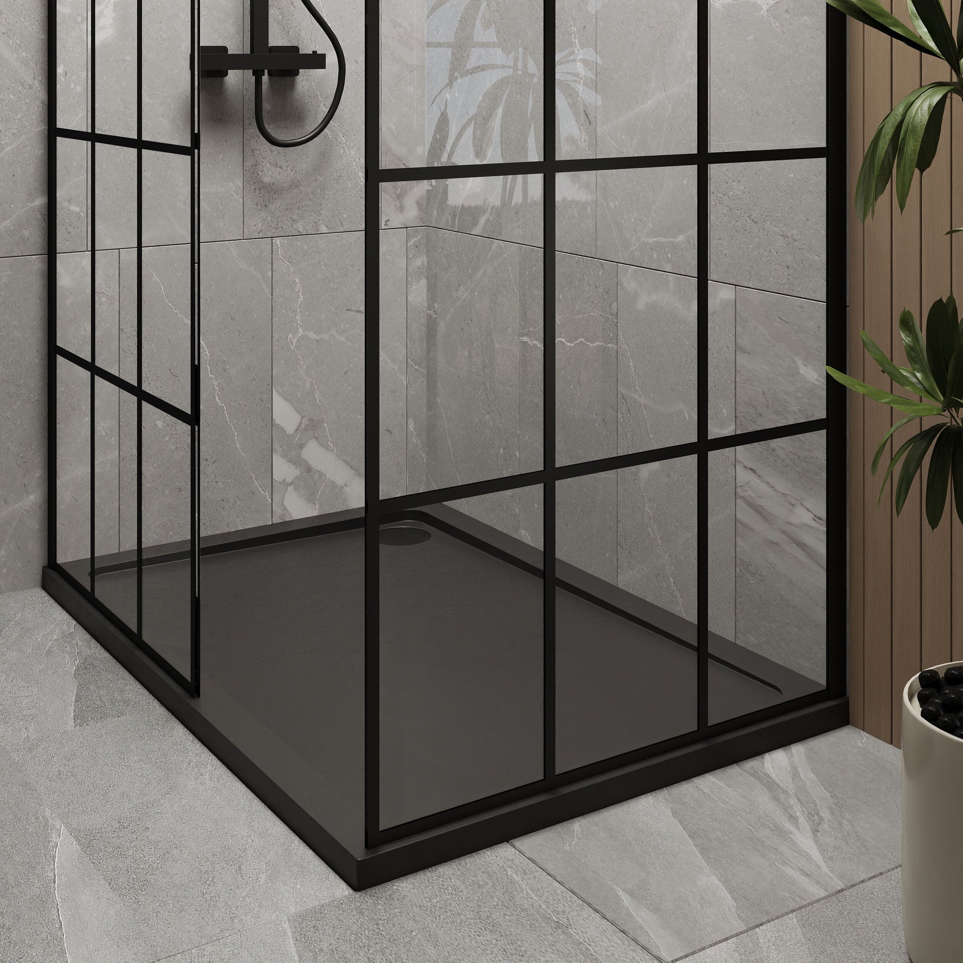 [BEZW050] Contemporary 8mm Glass Walk In Wetroom Screens with Matt Black Framed Design and Shower Tray - Choice of Size - Lifestyle 2