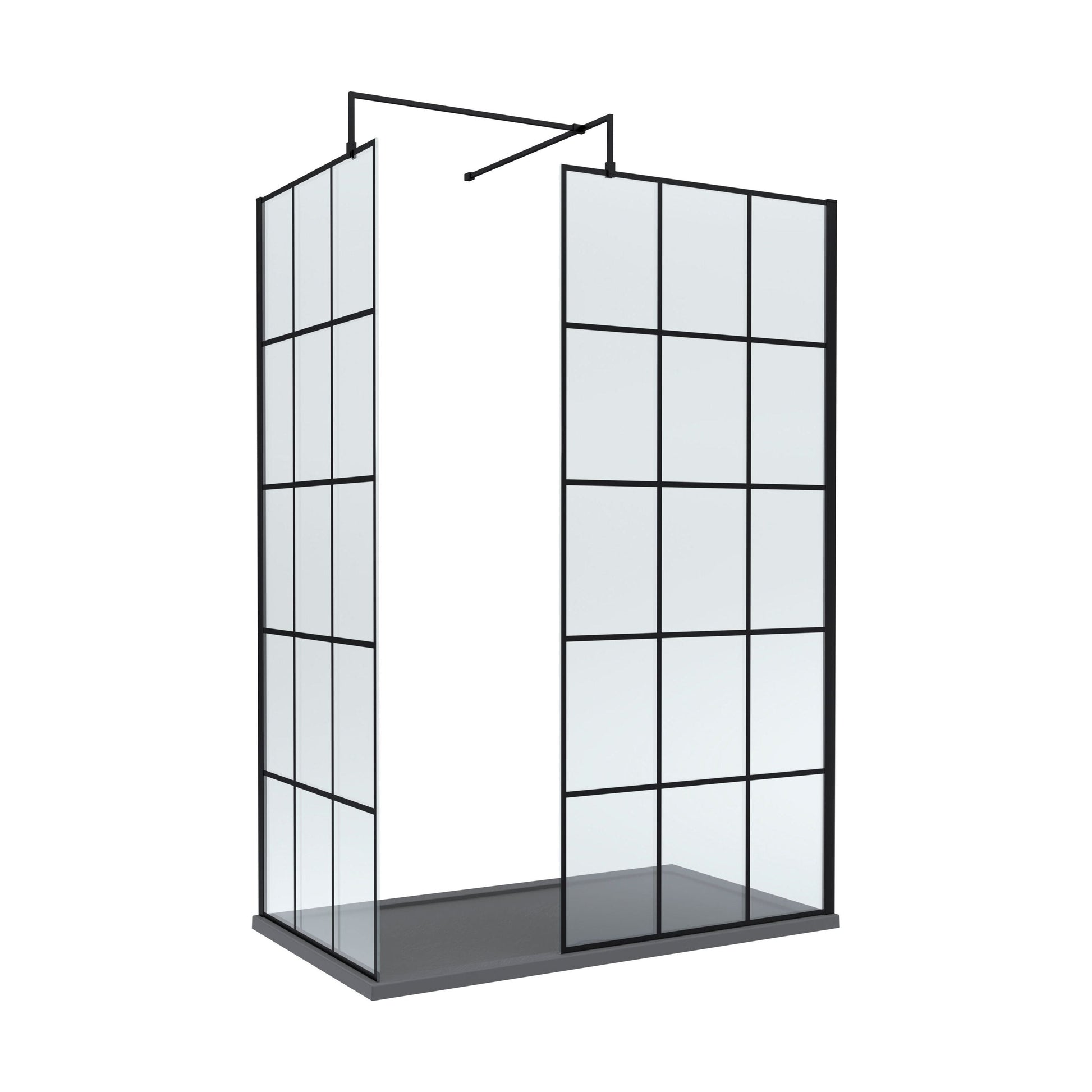 [BEZW062] Contemporary 8mm Glass Walk In Wetroom Screens with Matt Black Framed Design and Shower Tray - Choice of Size - Cutout