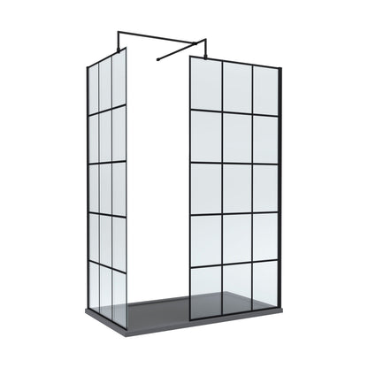 [BEZW062] Contemporary 8mm Glass Walk In Wetroom Screens with Matt Black Framed Design and Shower Tray - Choice of Size - Cutout