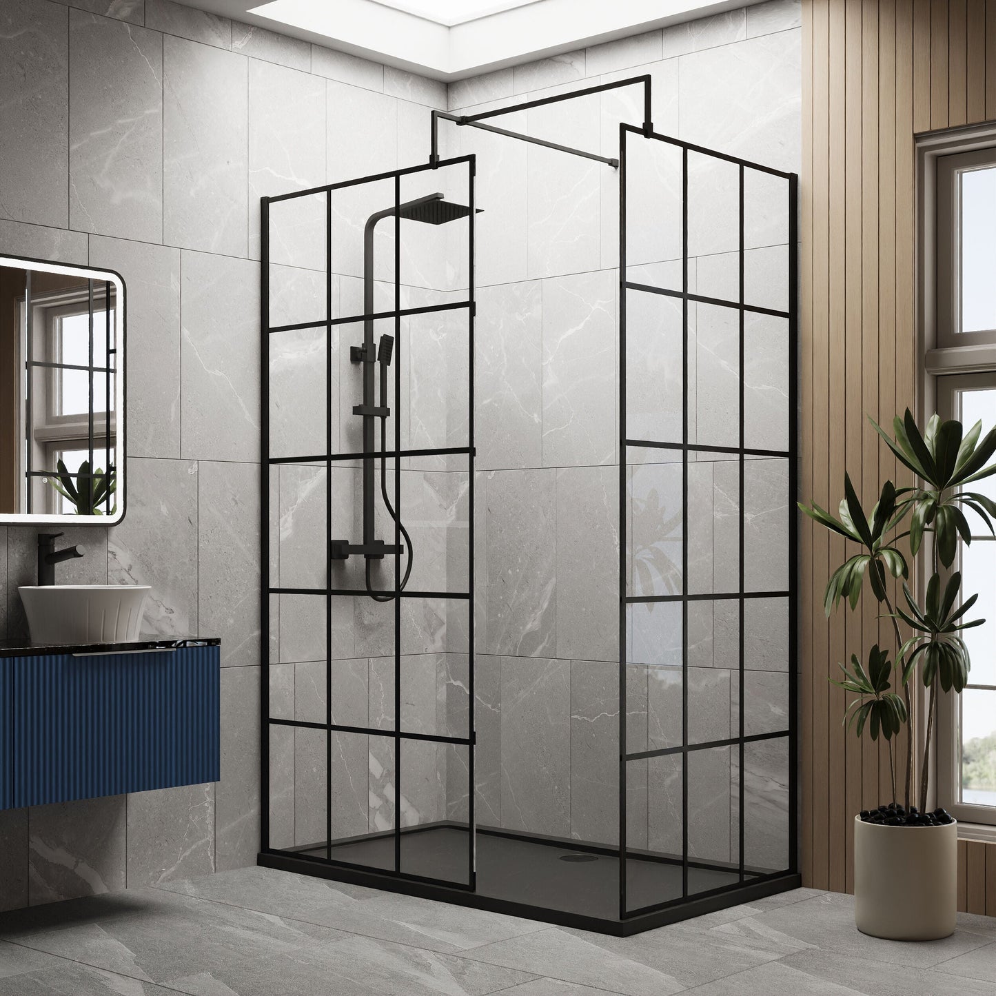[BEZW062] Contemporary 8mm Glass Walk In Wetroom Screens with Matt Black Framed Design and Shower Tray - Choice of Size - Lifestyle 1
