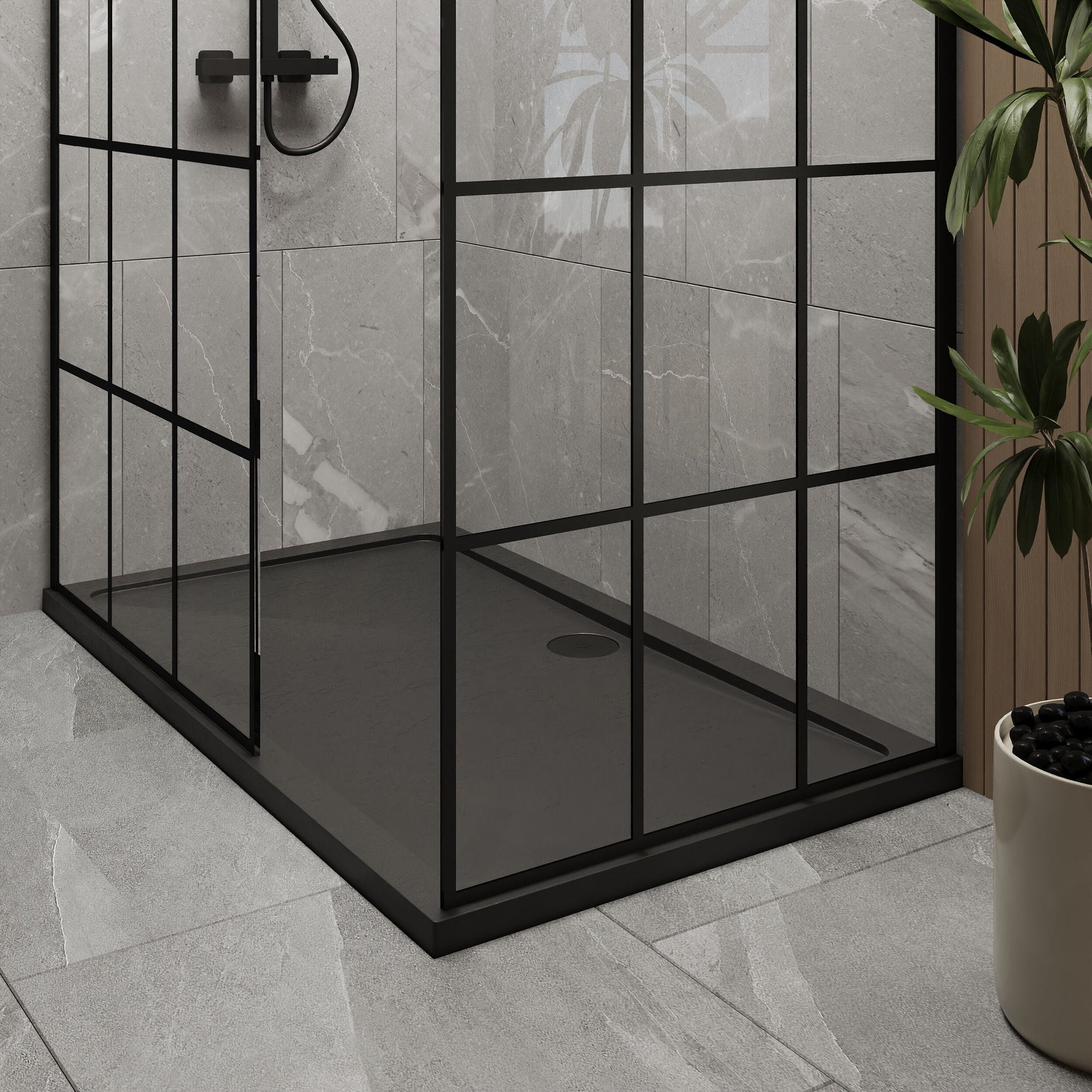 [BEZW062] Contemporary 8mm Glass Walk In Wetroom Screens with Matt Black Framed Design and Shower Tray - Choice of Size - Lifestyle 2