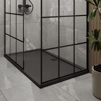 [BEZW062] Contemporary 8mm Glass Walk In Wetroom Screens with Matt Black Framed Design and Shower Tray - Choice of Size - Lifestyle 2
