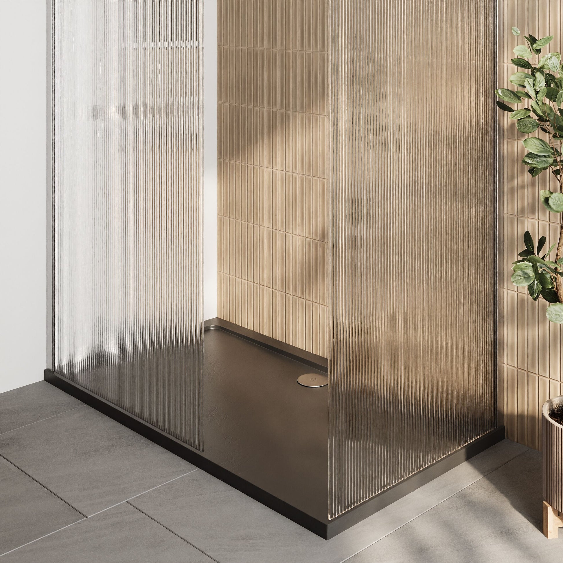 [BEZW063] Contemporary Fluted Glass Walk In Wetroom Screens and Shower Tray - Choice of Finish - Lifestyle 2