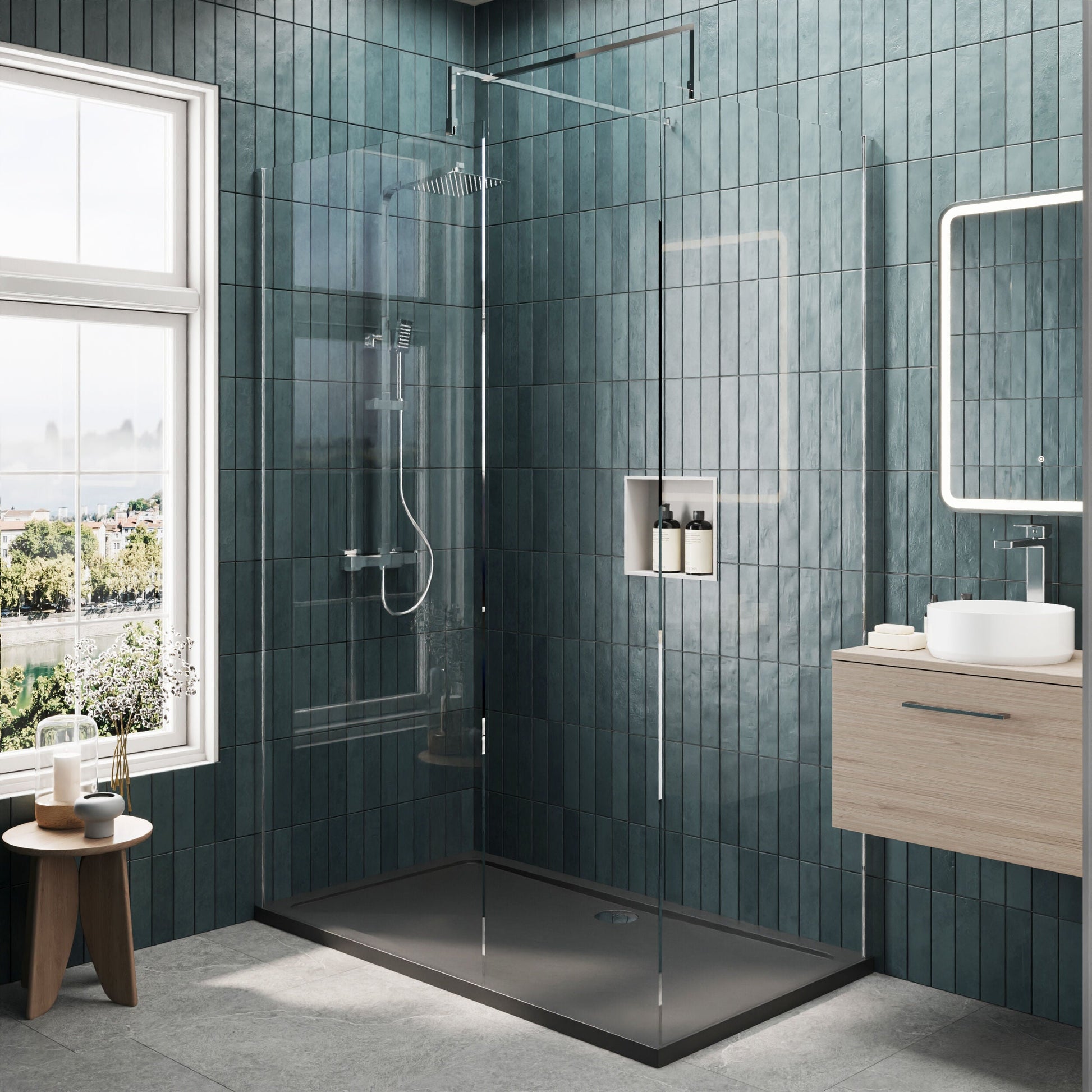[BEZW066] Contemporary 8mm Glass Walk In Wetroom Screens and Shower Tray - Choice of Size and Finish - Lifestyle 1