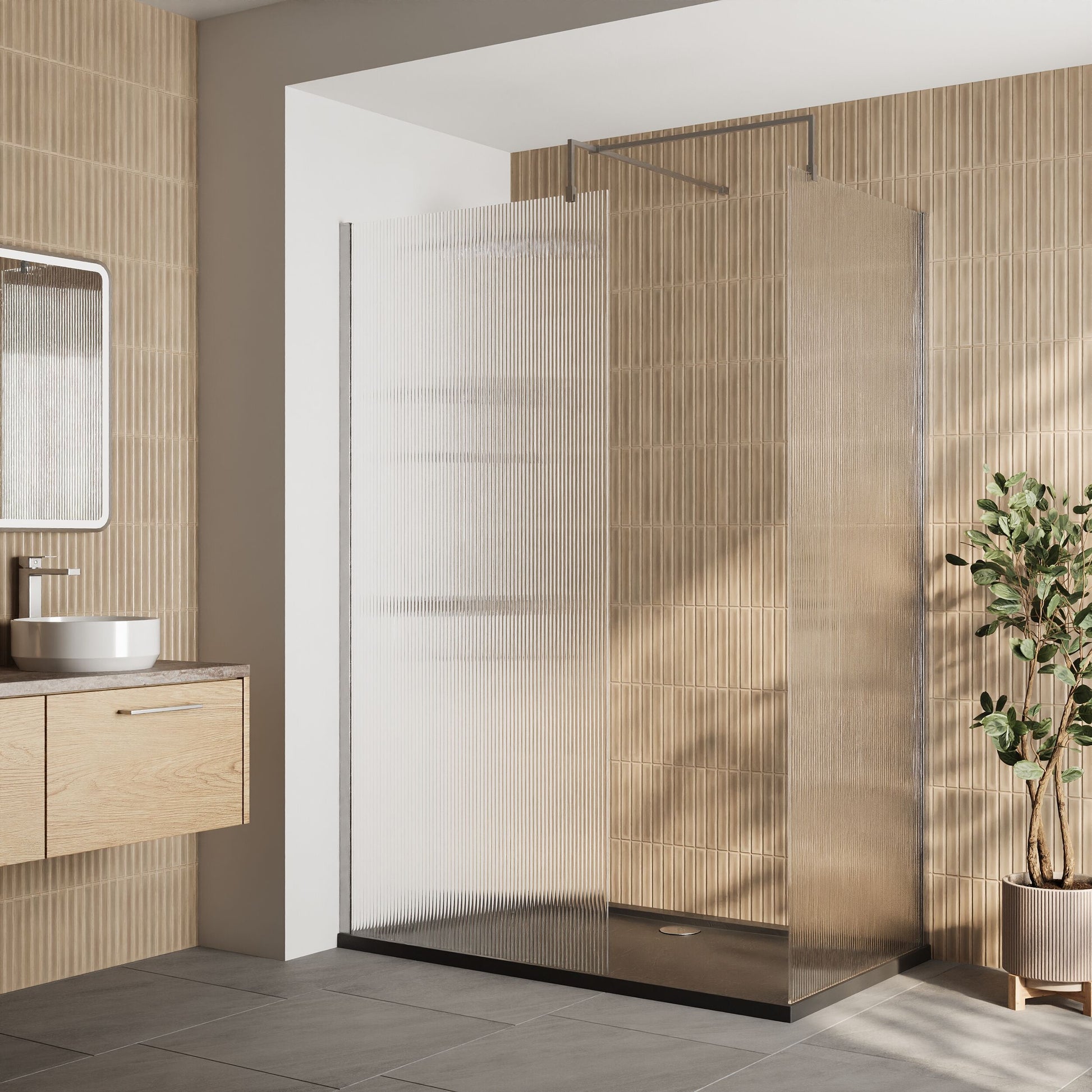 [BEZW070] Contemporary Fluted Glass Walk In Wetroom Screens and Shower Tray - Choice of Finish - Lifestyle 1