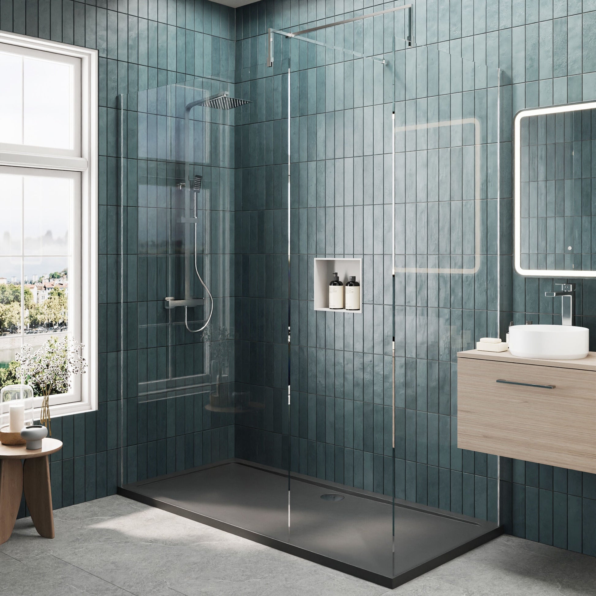 [BEZW073] Contemporary 8mm Glass Walk In Wetroom Screens and Shower Tray - Choice of Size and Finish - Lifestyle 1